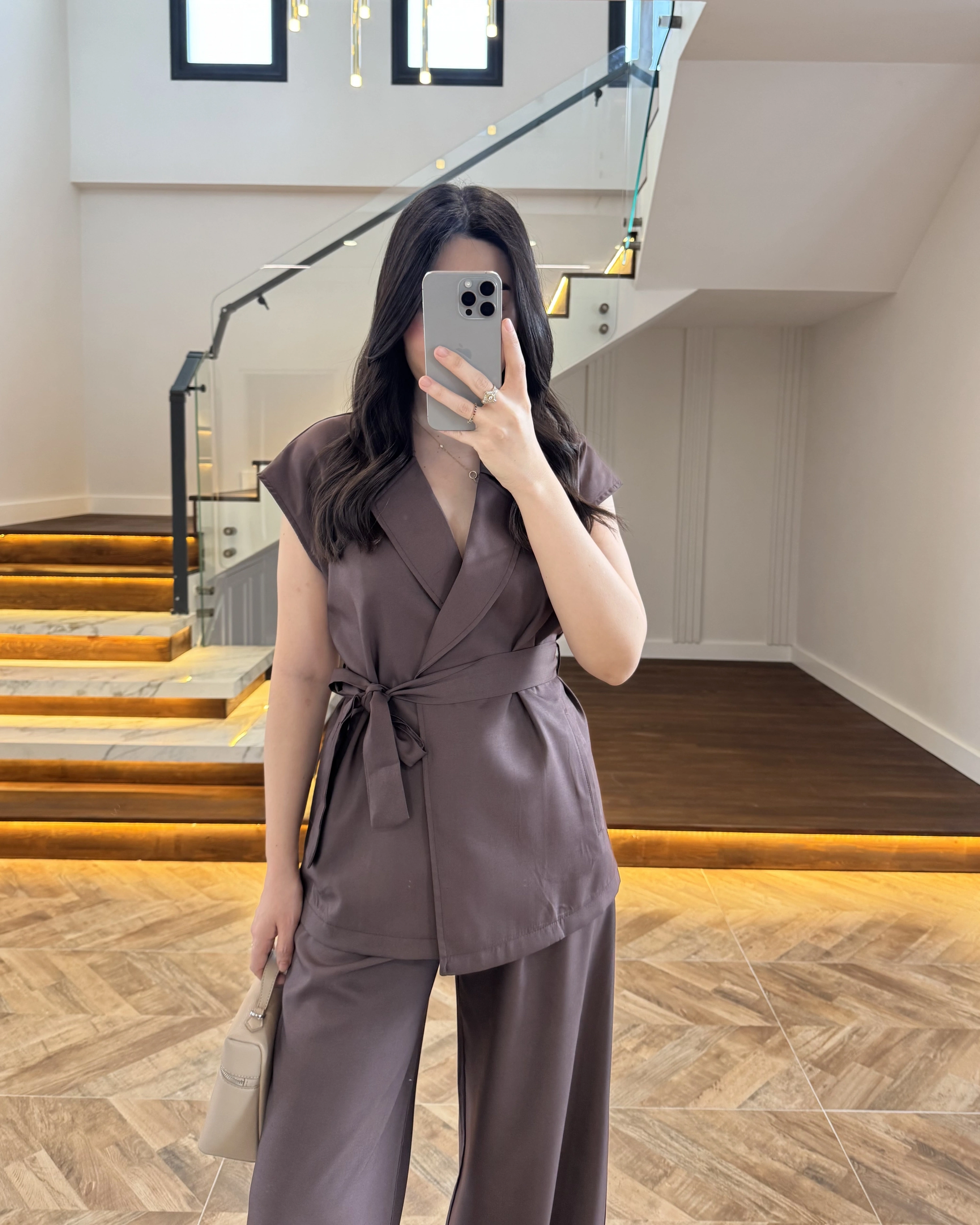 KAHVE TENSEL YELEK TAKIM -3789