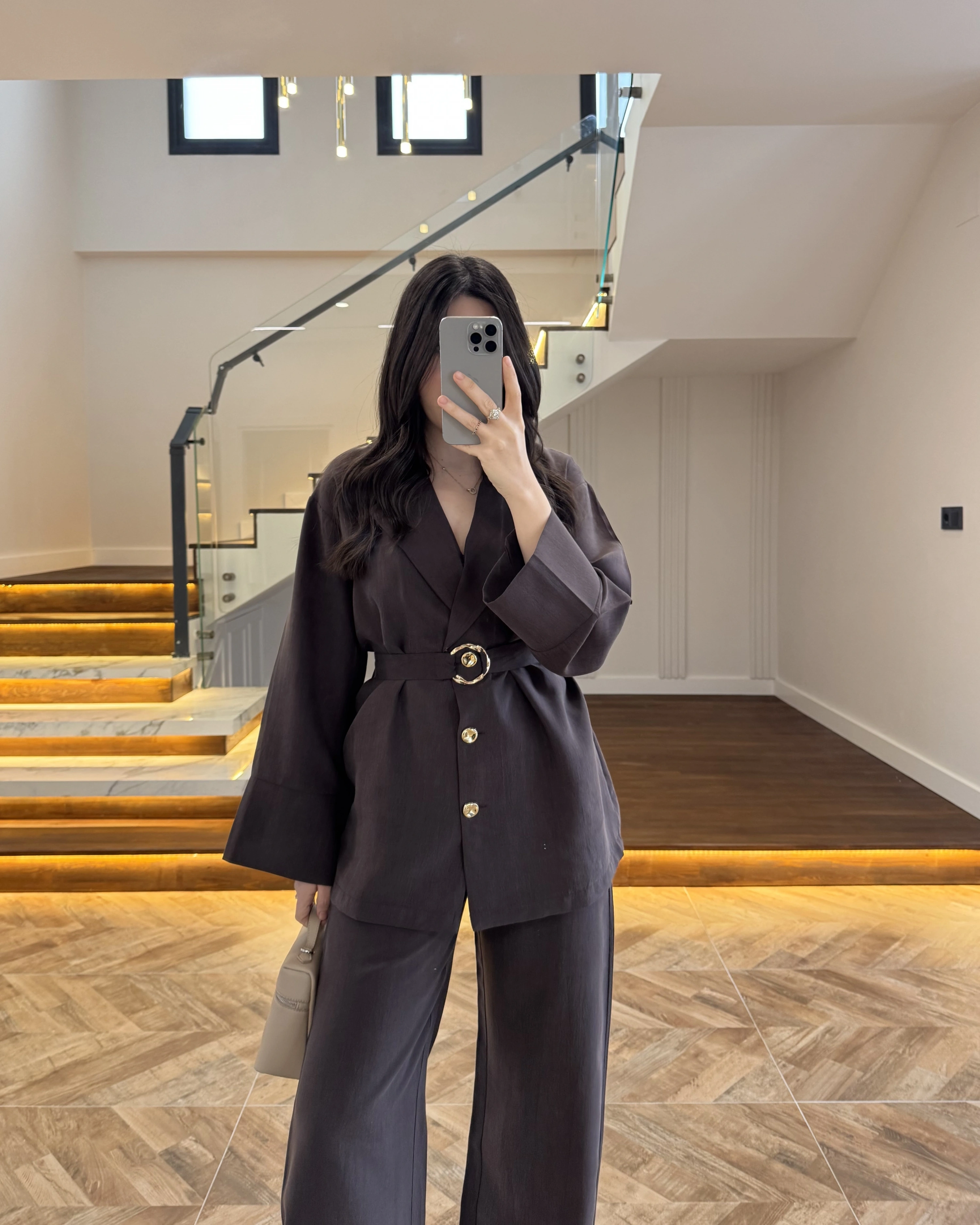 KAHVE TOKA DETAYLI TUNİK TAKIM -8927