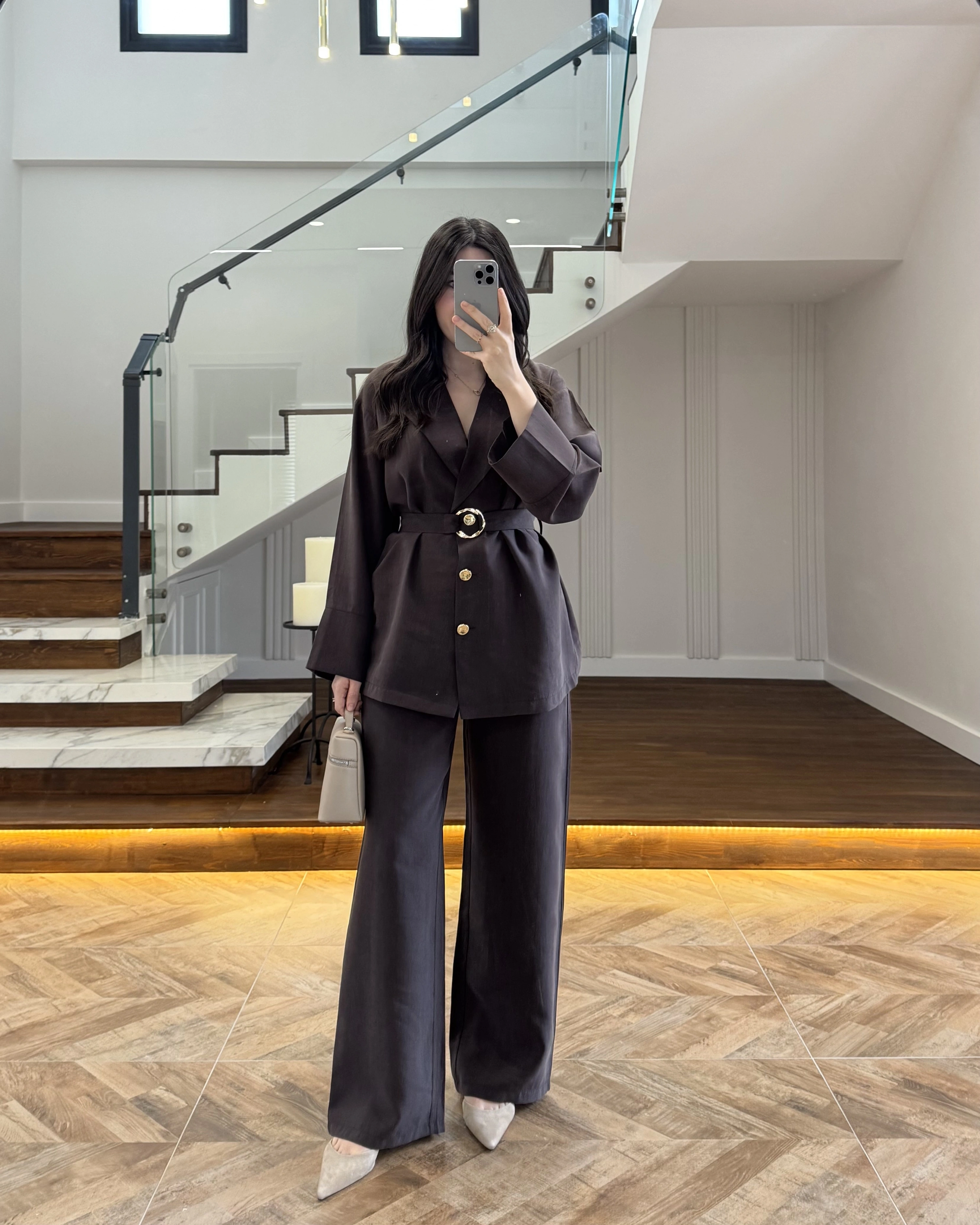 KAHVE TOKA DETAYLI TUNİK TAKIM -8927