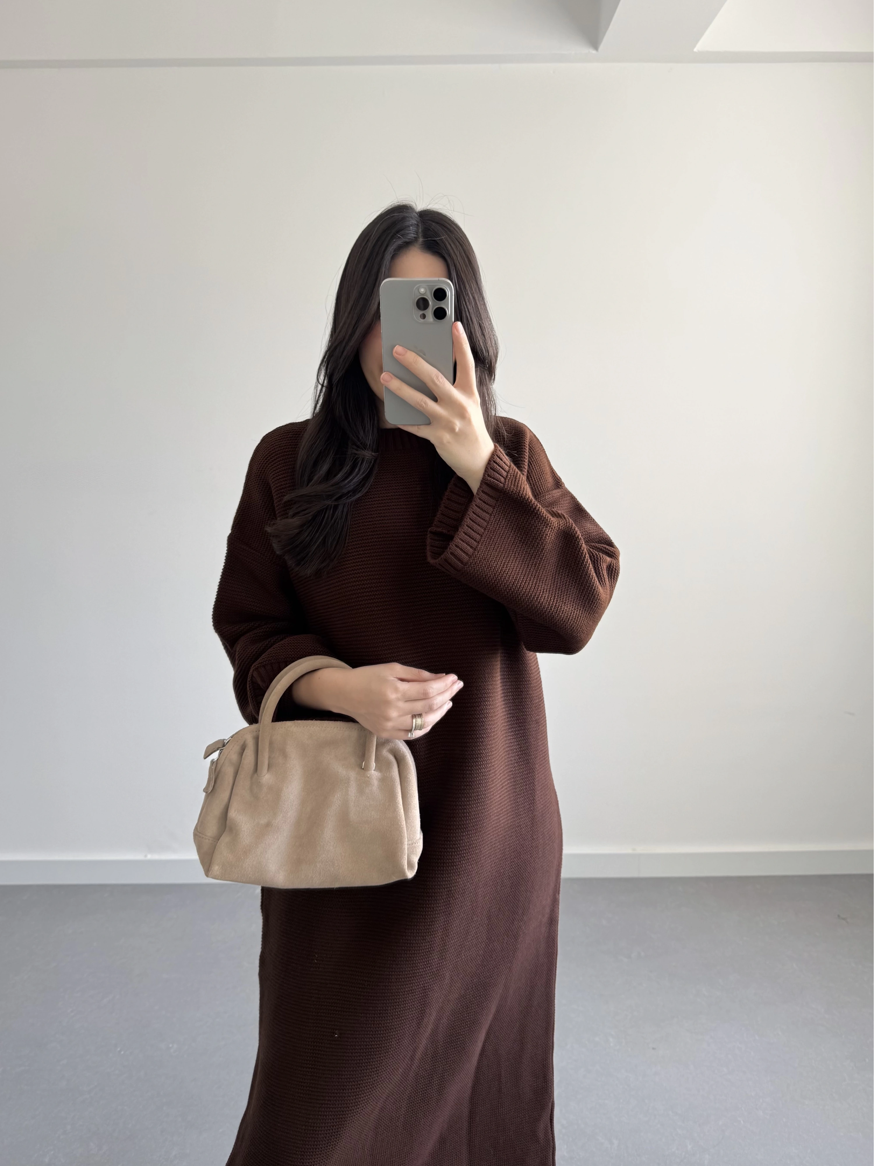 KAHVE UZUN TRİKO ELBİSE