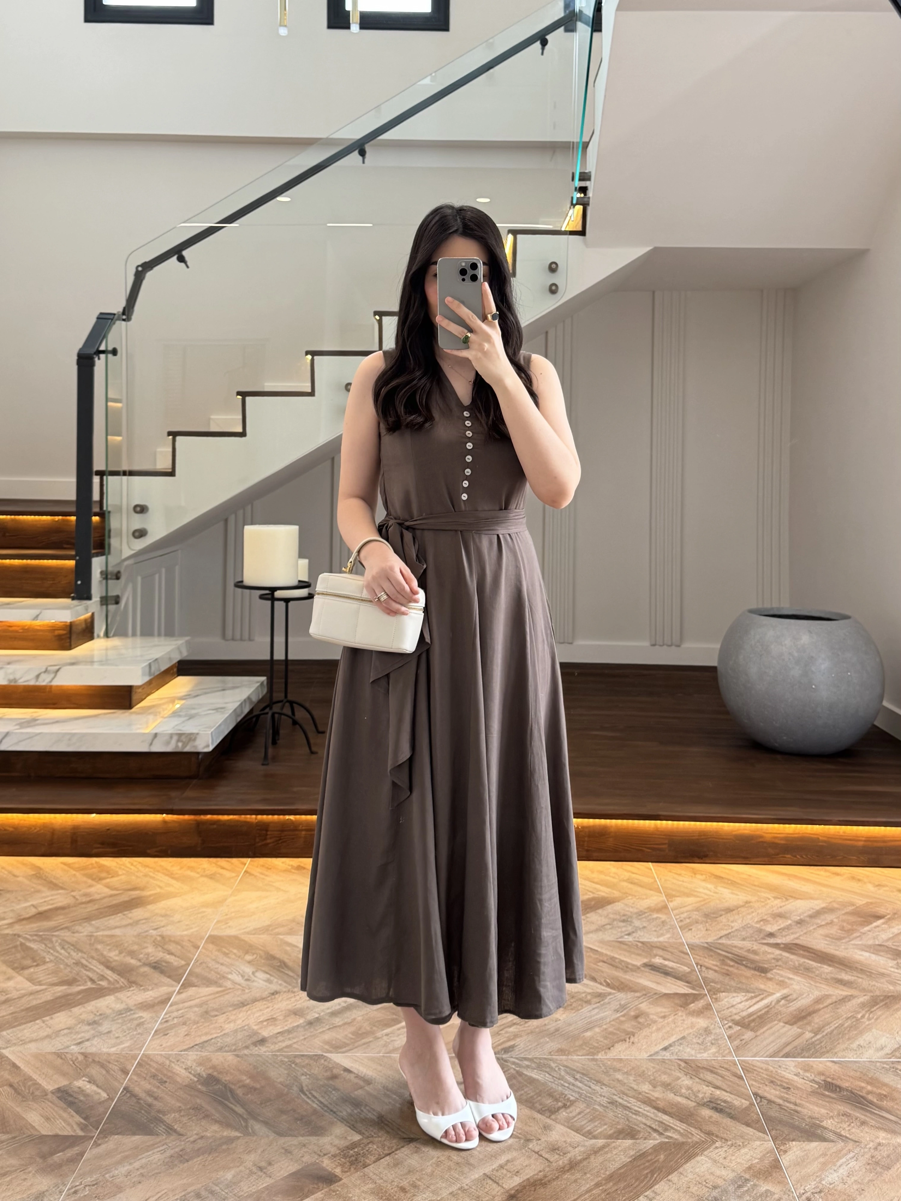 KAHVE V YAKA ELBİSE-3453