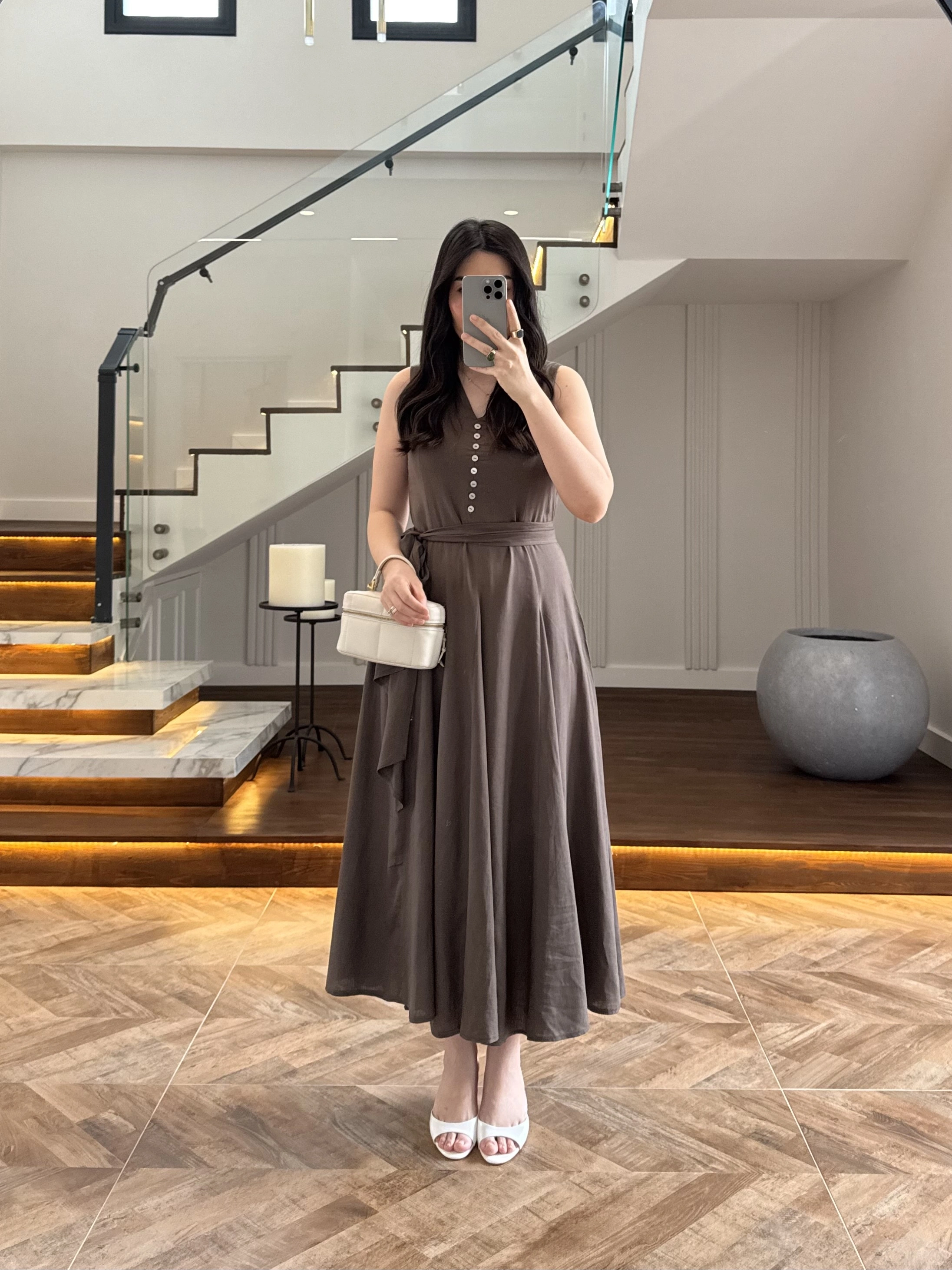 KAHVE V YAKA ELBİSE-3453
