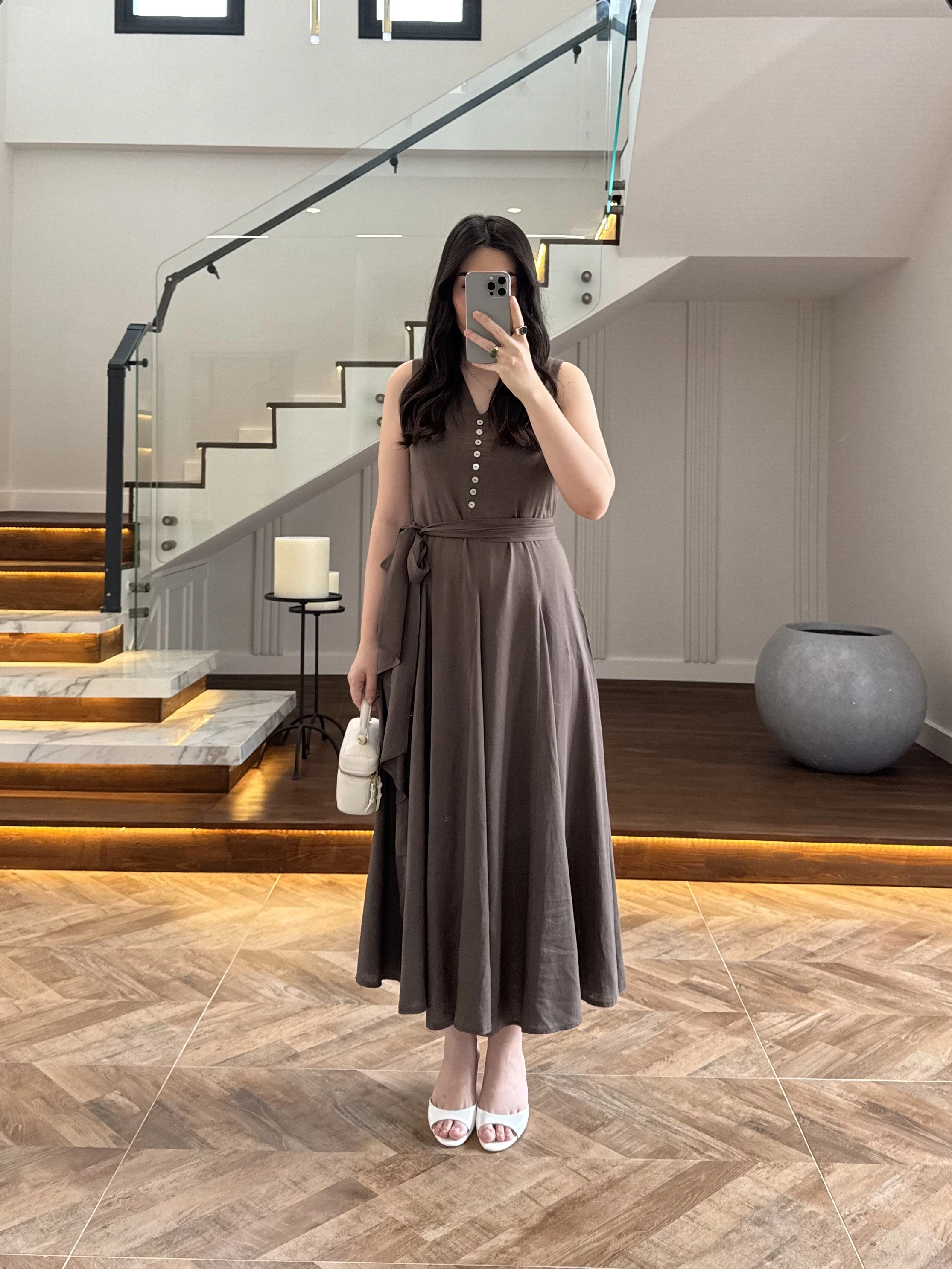 KAHVE V YAKA ELBİSE-3453