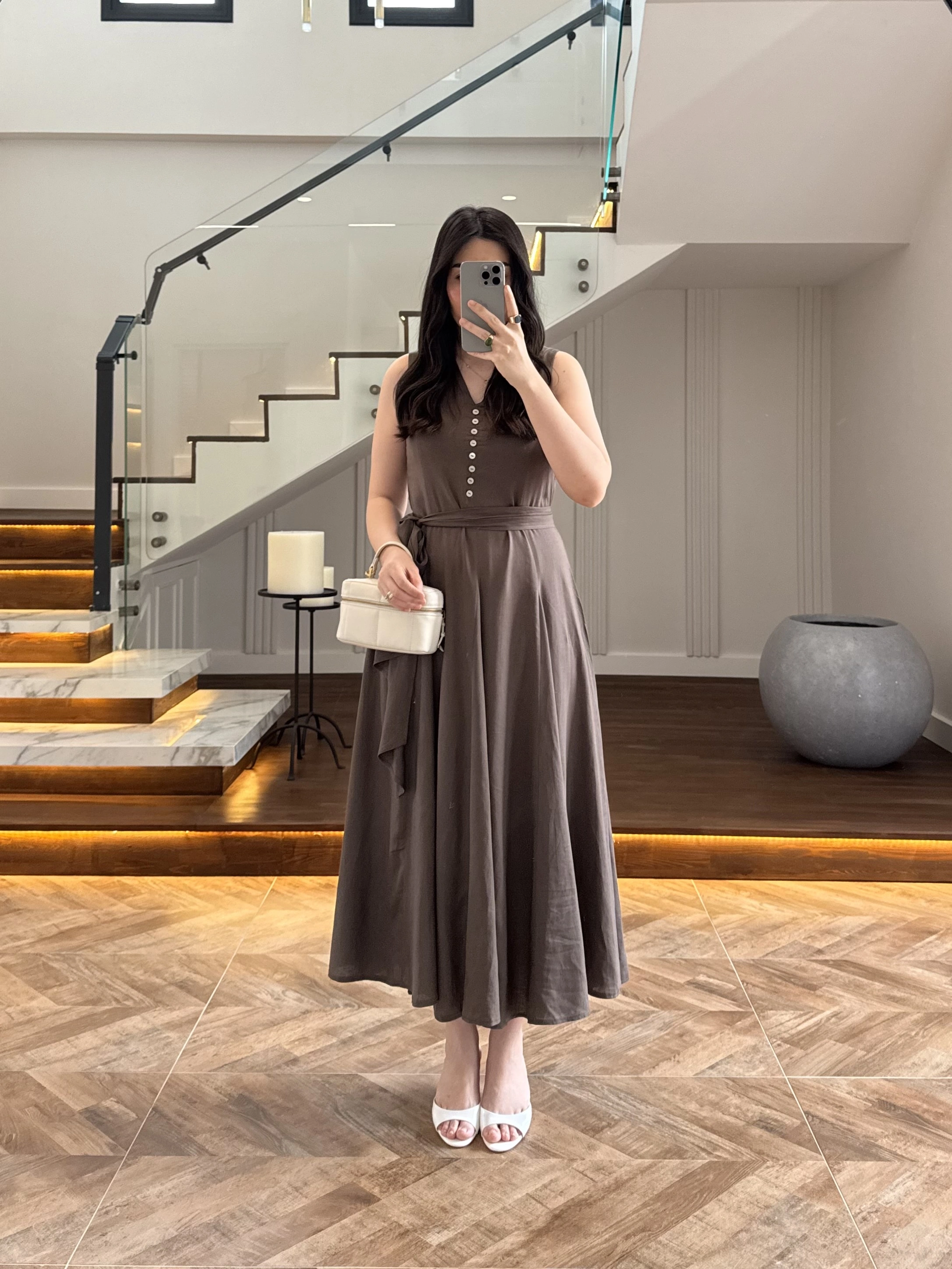 KAHVE V YAKA ELBİSE-3453