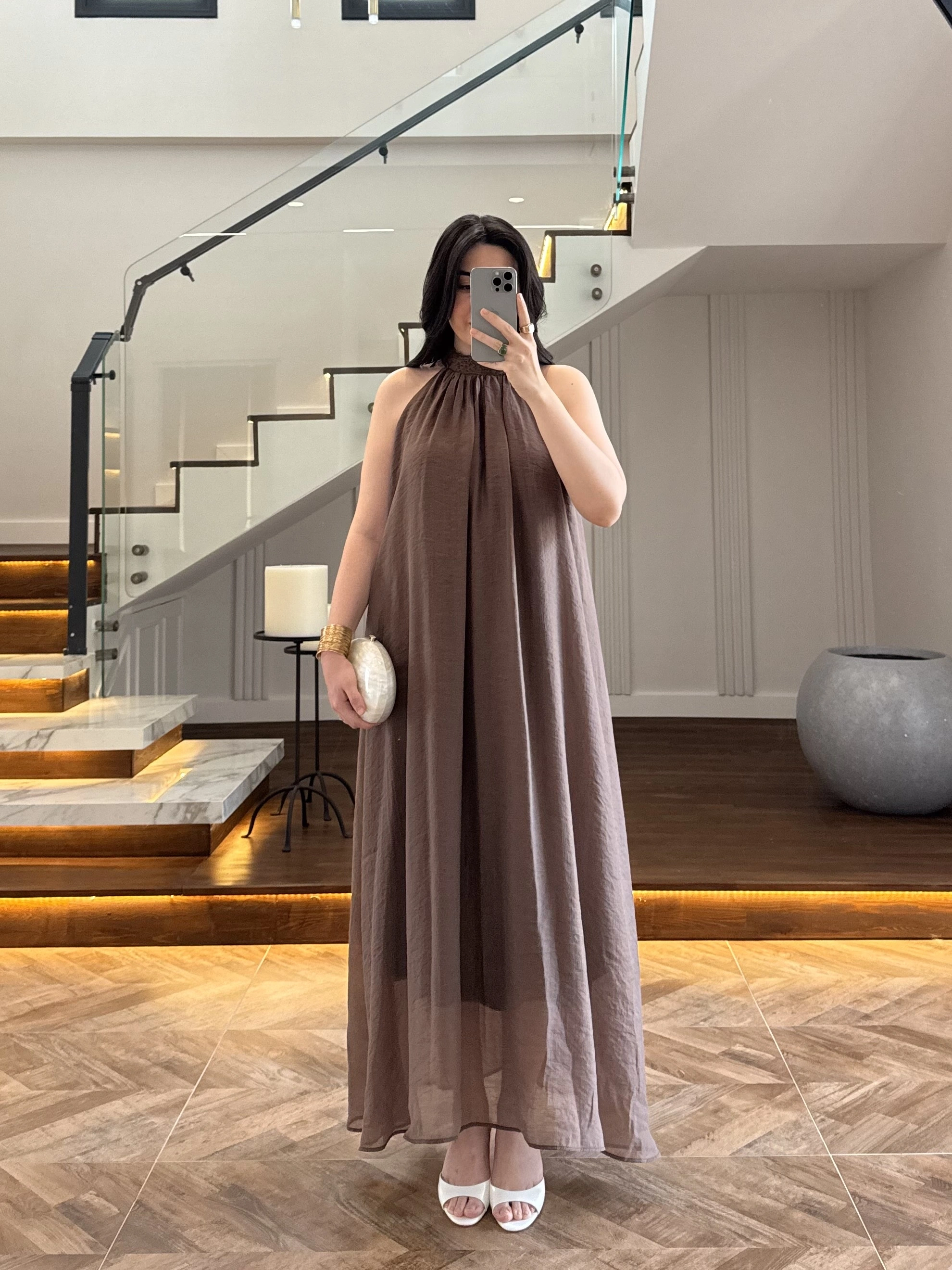 KAHVE YAKA BAĞCIKLI ELBİSE-3438
