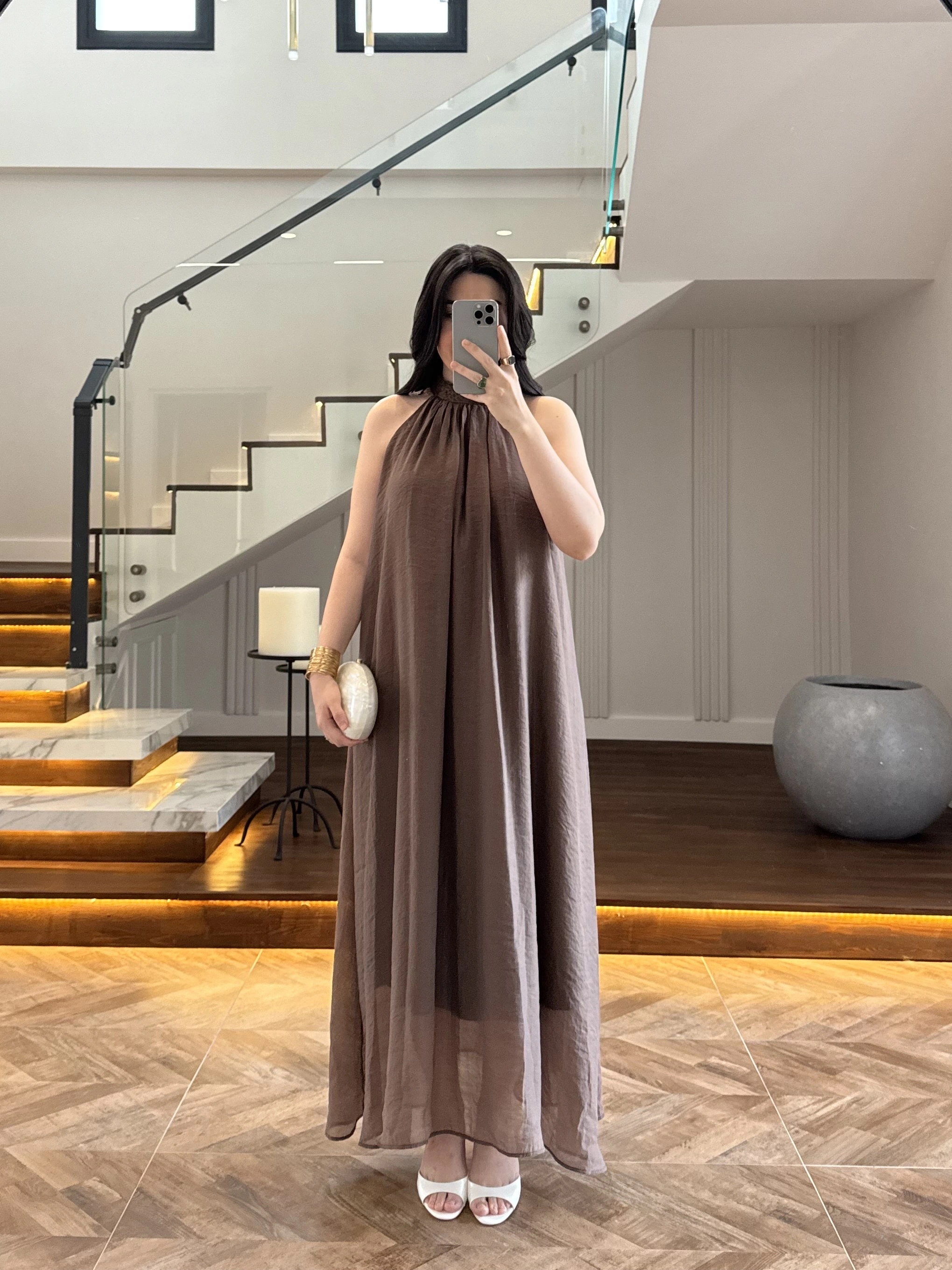 KAHVE YAKA BAĞCIKLI ELBİSE-3438