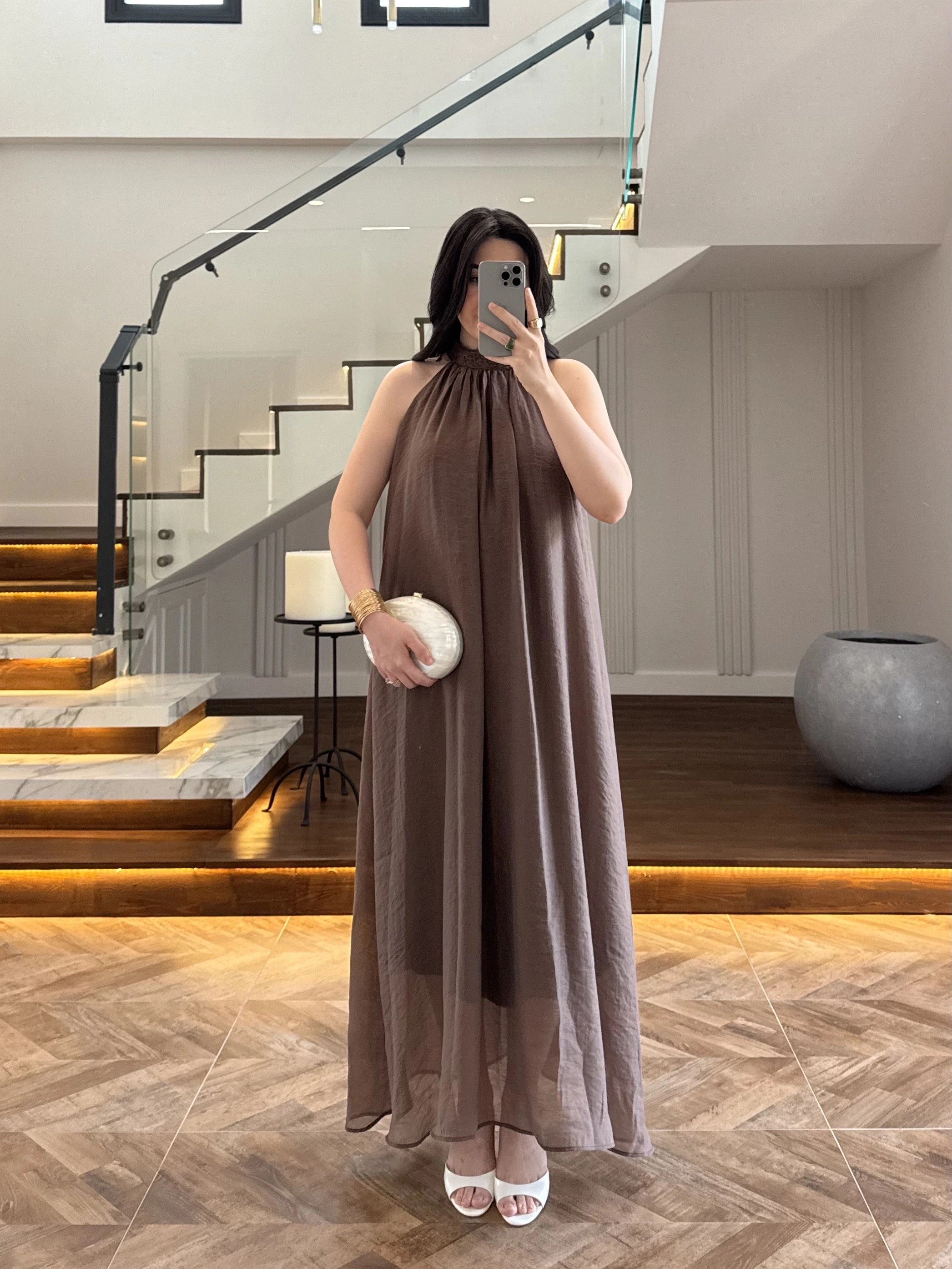 KAHVE YAKA BAĞCIKLI ELBİSE-3438