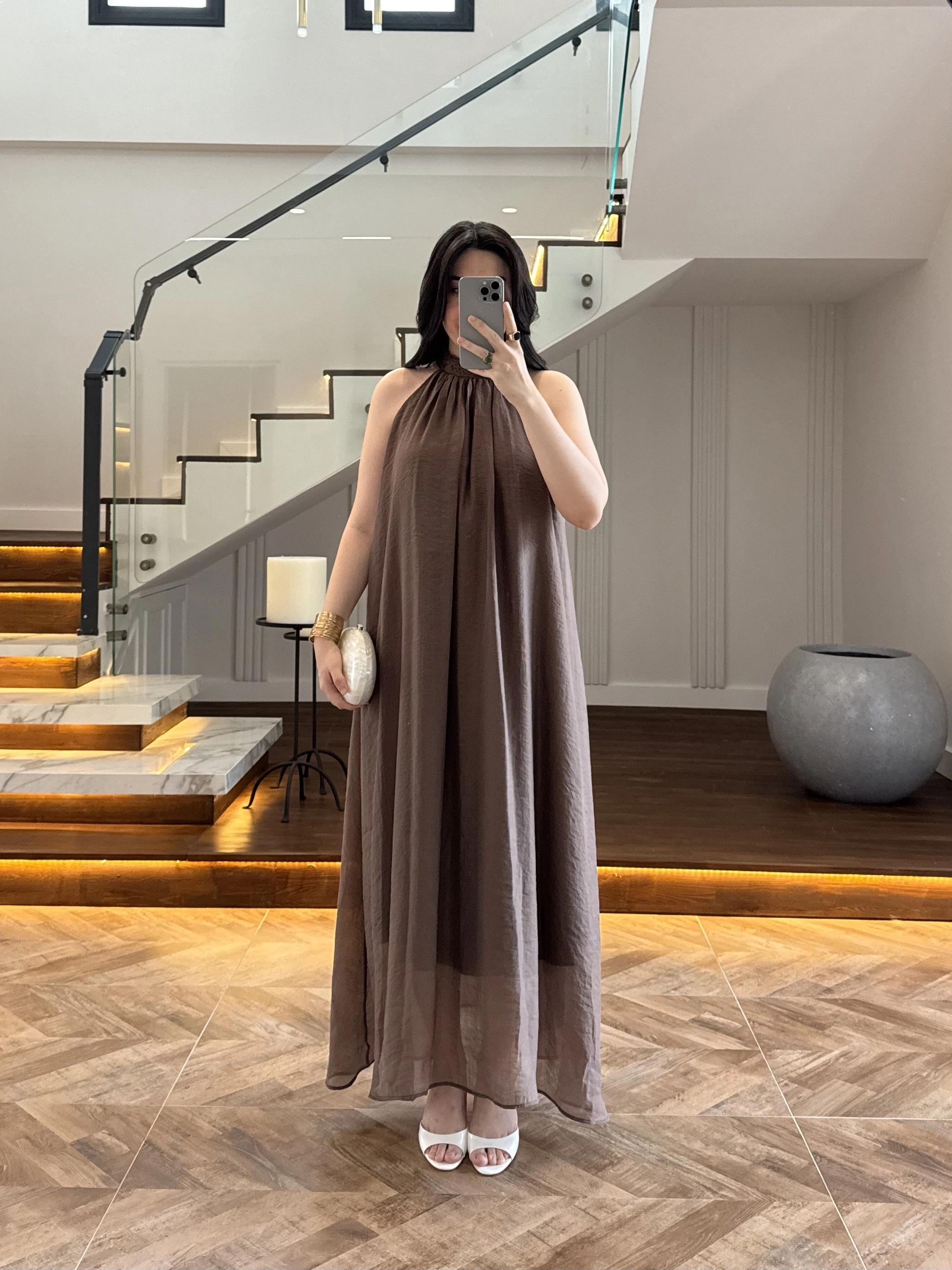 KAHVE YAKA BAĞCIKLI ELBİSE-3438