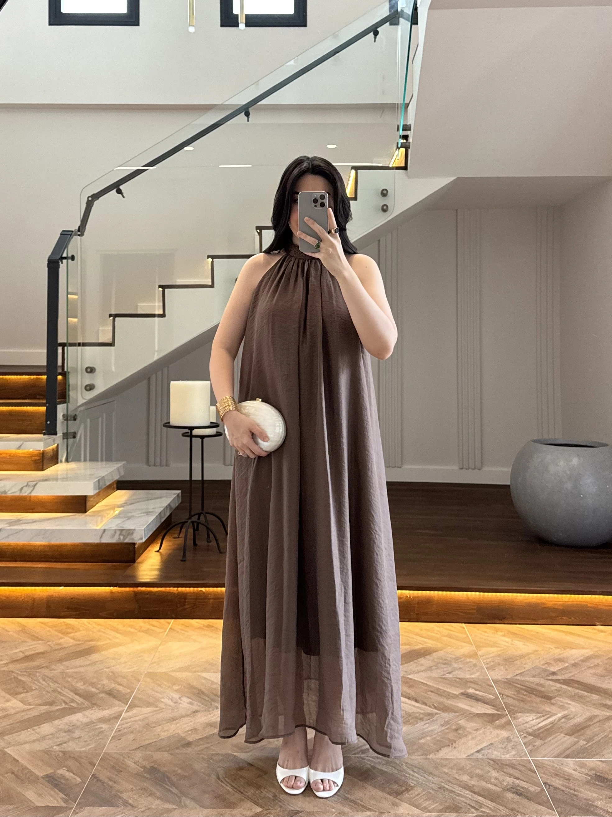 KAHVE YAKA BAĞCIKLI ELBİSE-3438