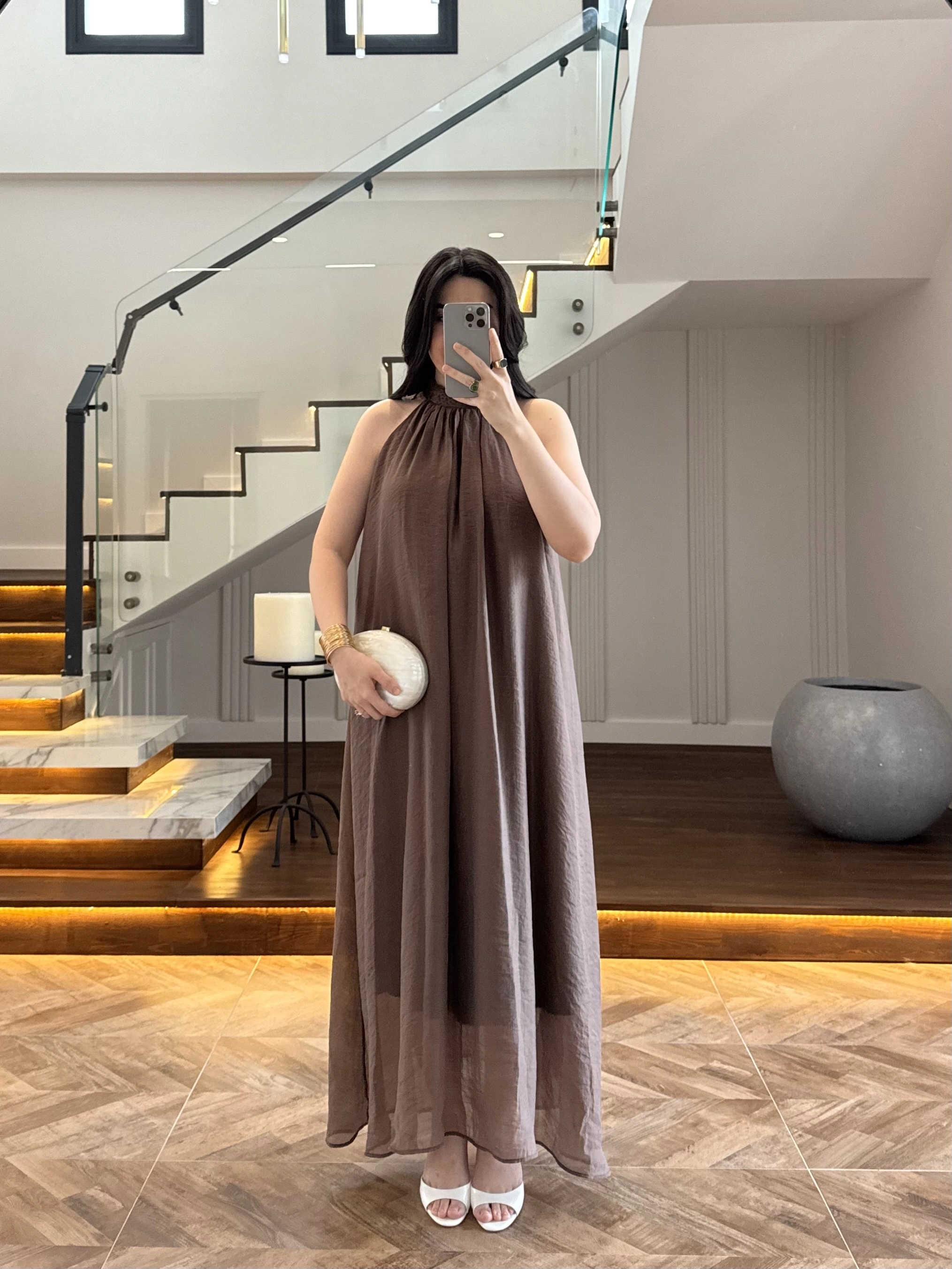 KAHVE YAKA BAĞCIKLI ELBİSE-3438