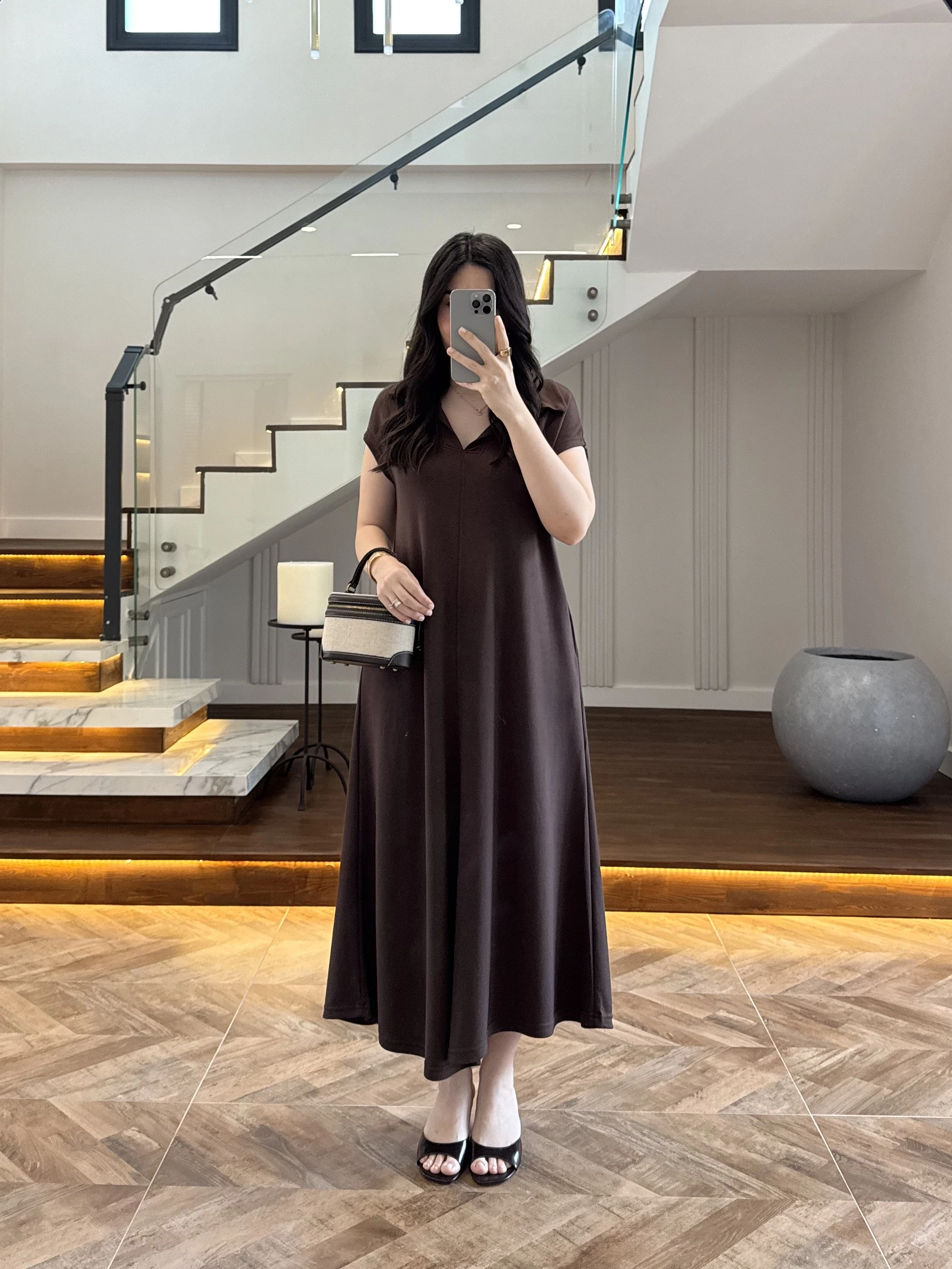 KAHVE YAKALI PİKE ELBİSE - 4141