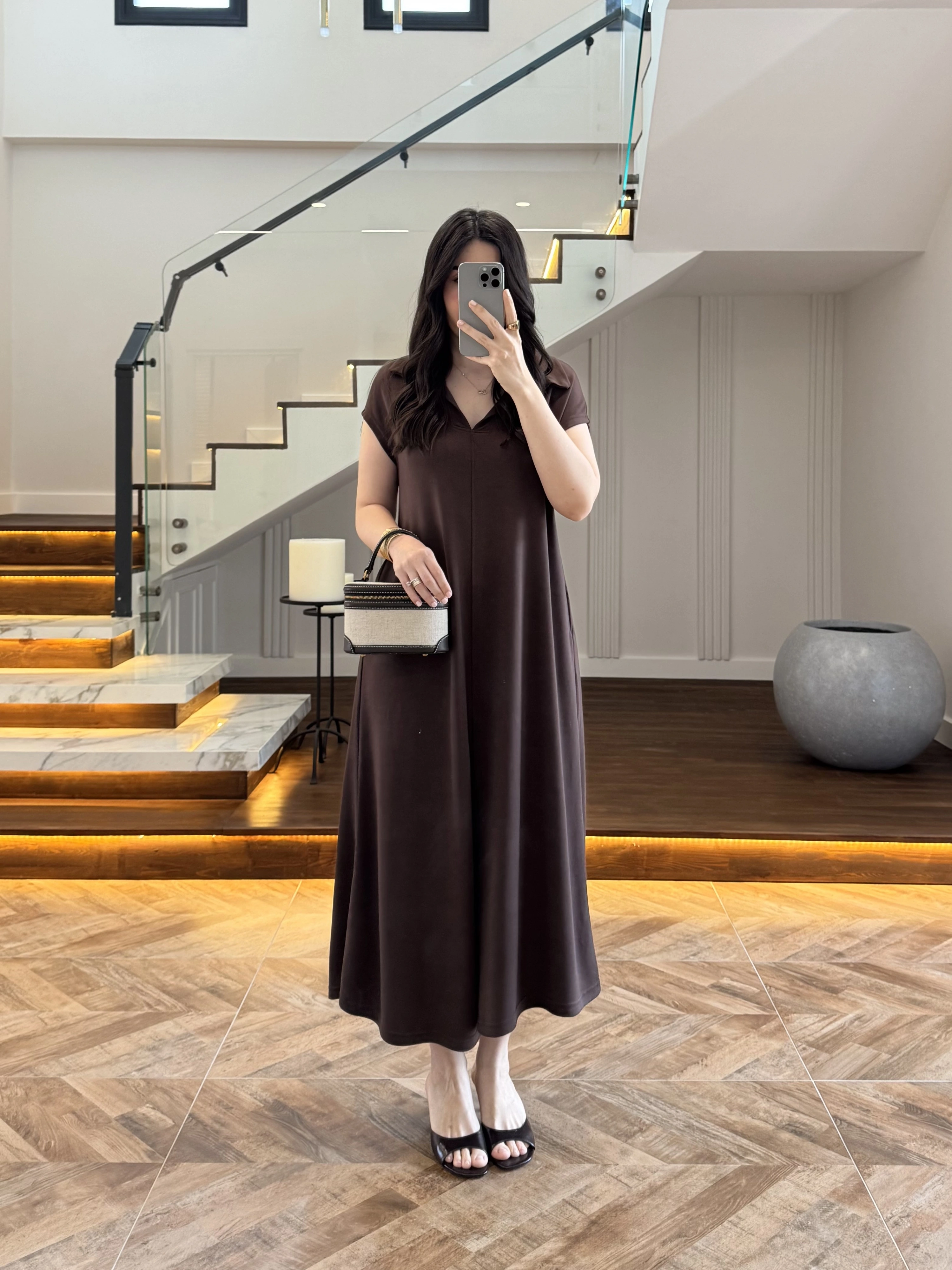 KAHVE YAKALI PİKE ELBİSE - 4141
