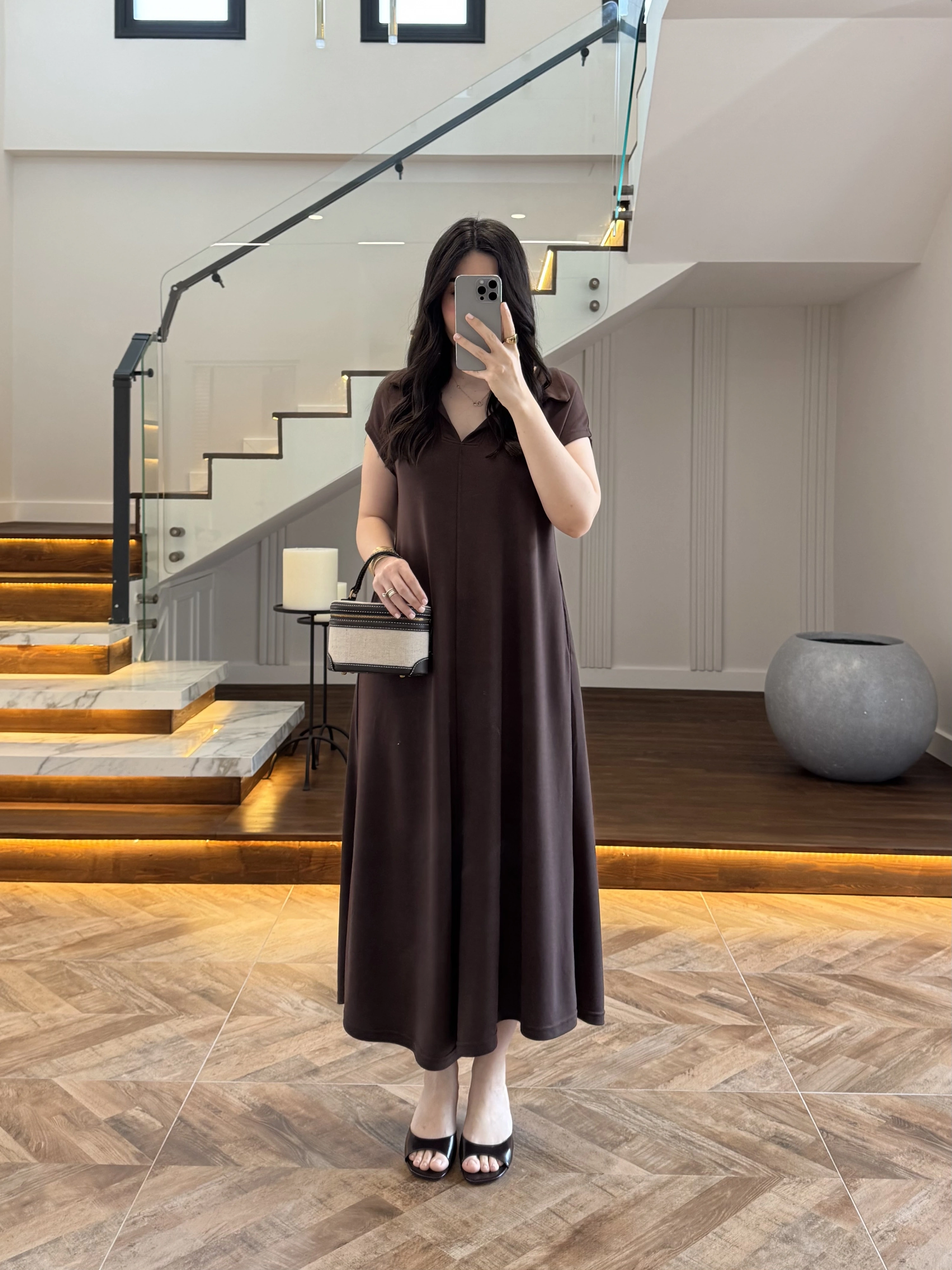 KAHVE YAKALI PİKE ELBİSE - 4141