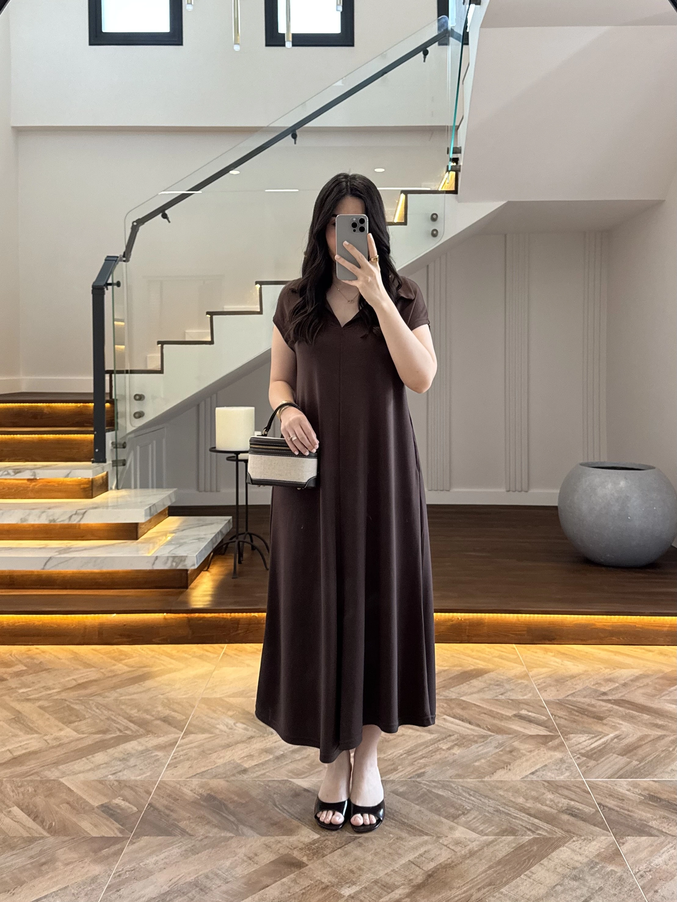 KAHVE YAKALI PİKE ELBİSE - 4141