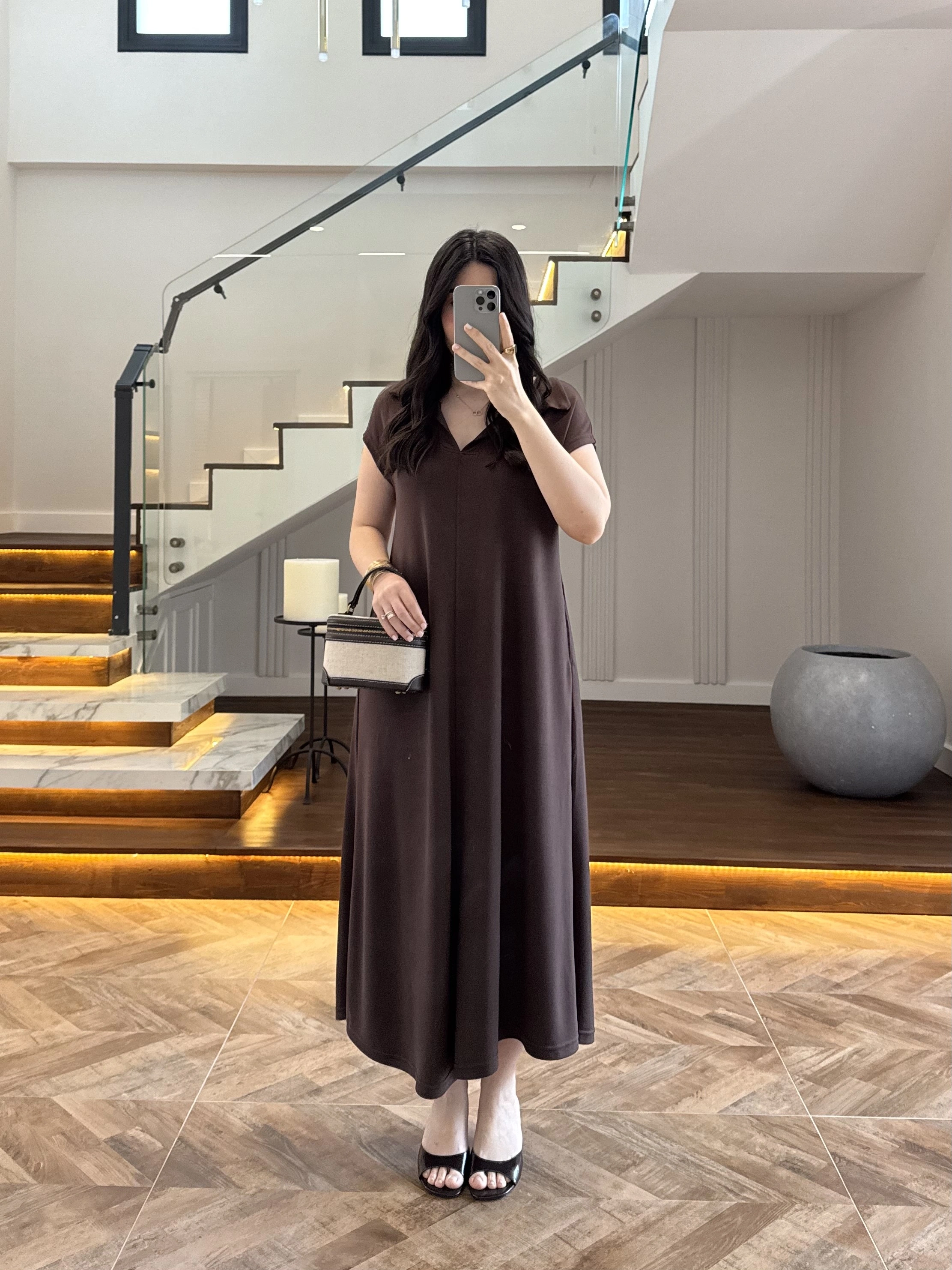 KAHVE YAKALI PİKE ELBİSE - 4141