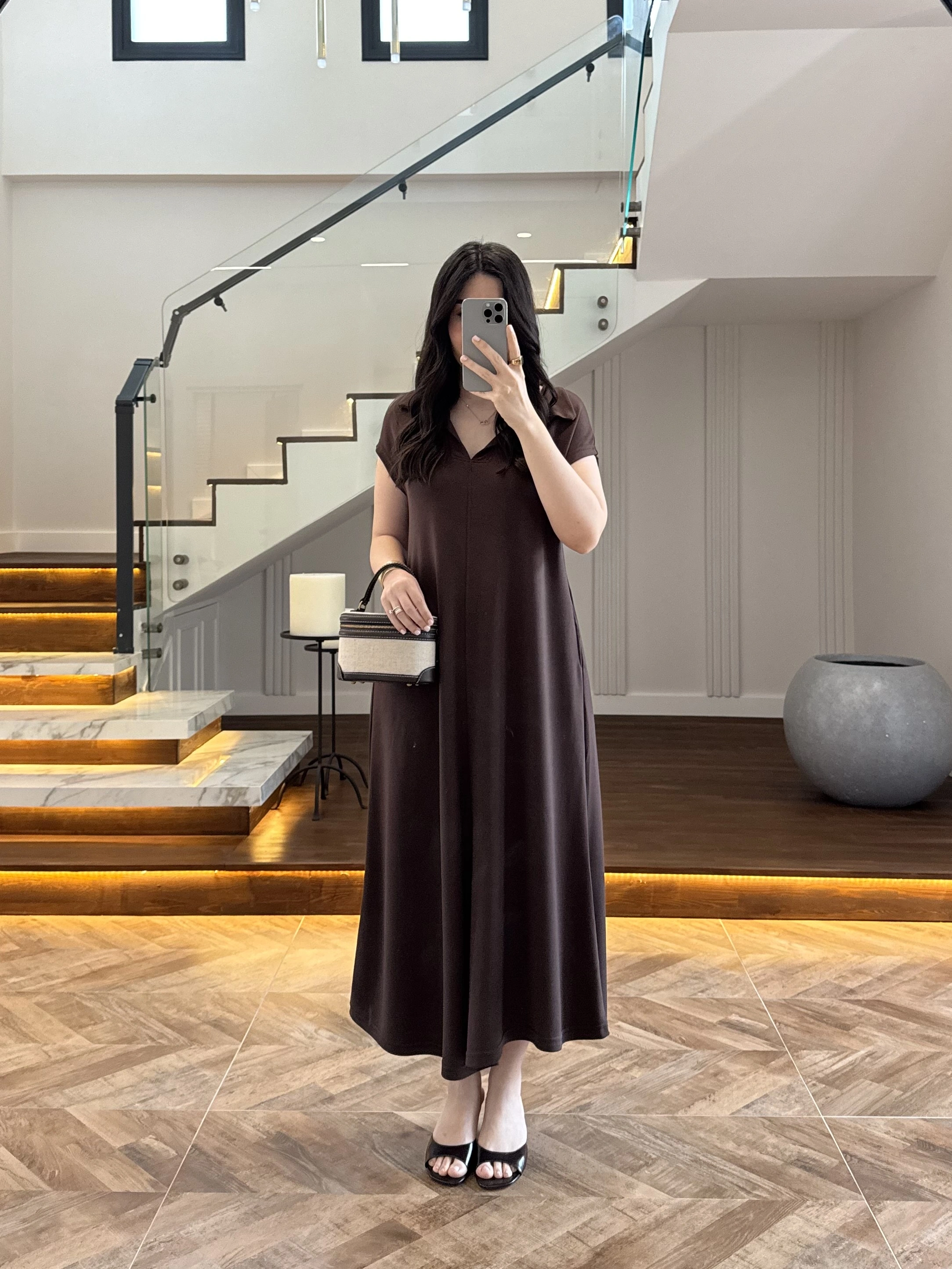 KAHVE YAKALI PİKE ELBİSE - 4141