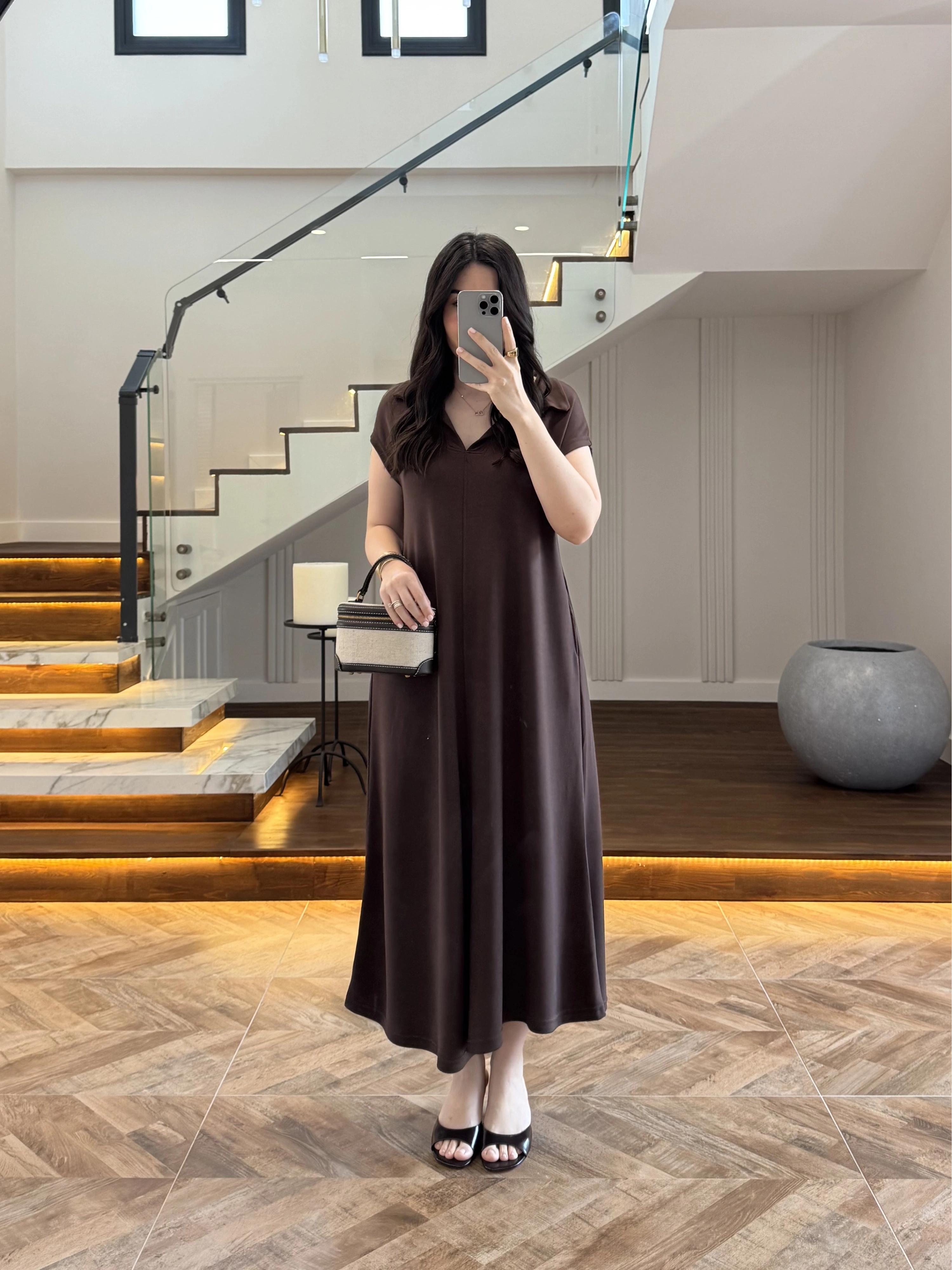 KAHVE YAKALI PİKE ELBİSE - 4141
