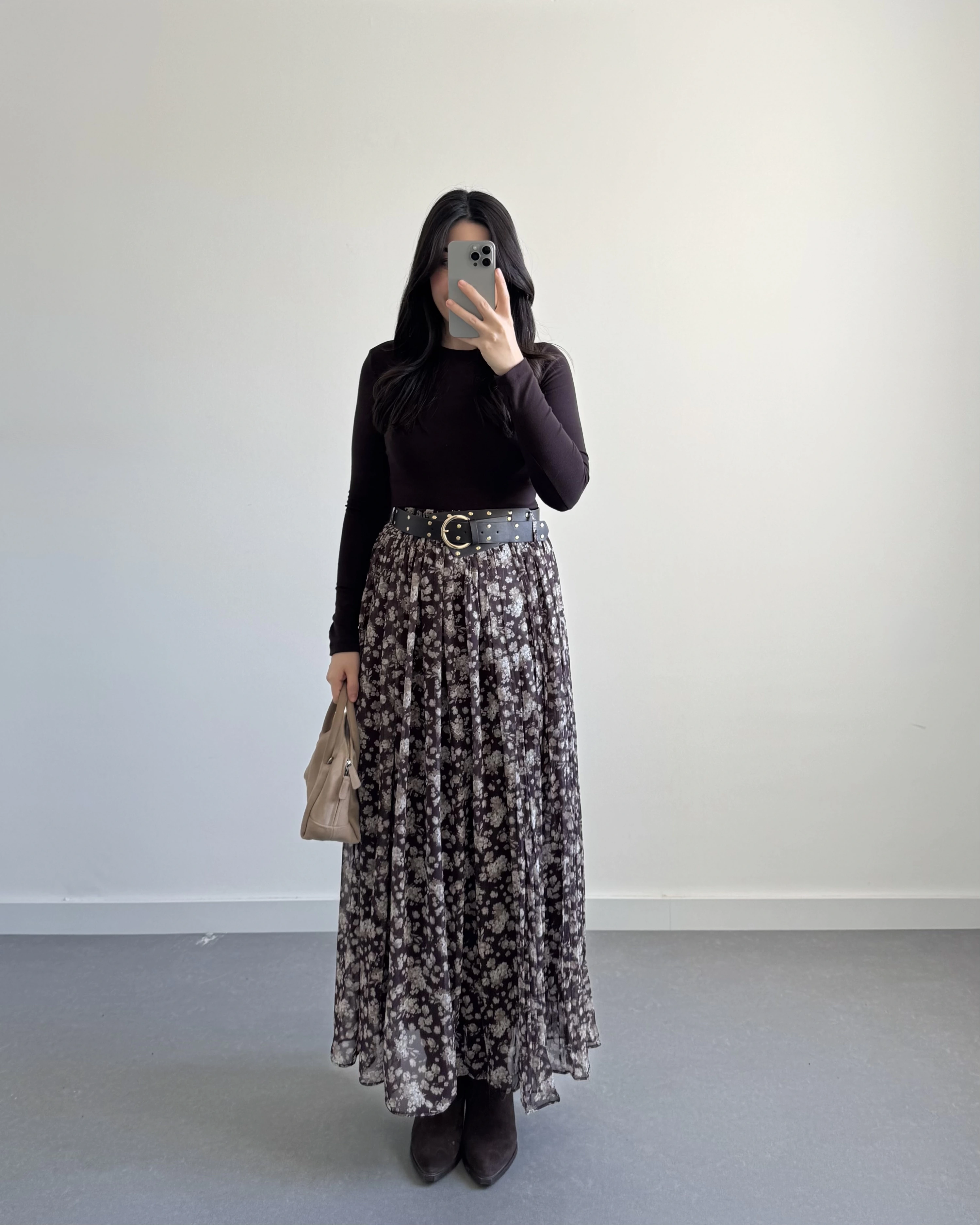 KALIN KEMERLİ ŞİFON ETEK AÇIK KAHVE