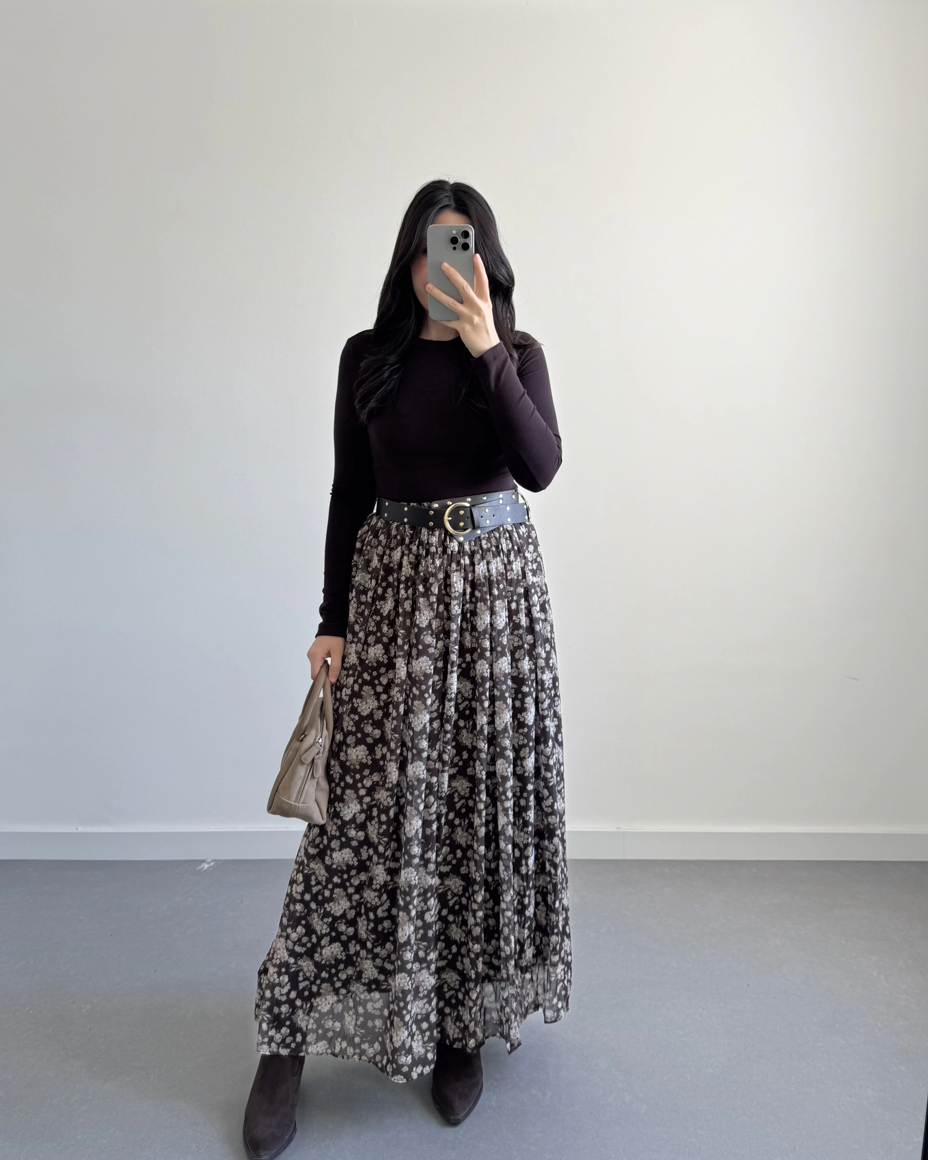 KALIN KEMERLİ ŞİFON ETEK KOYU KAHVE