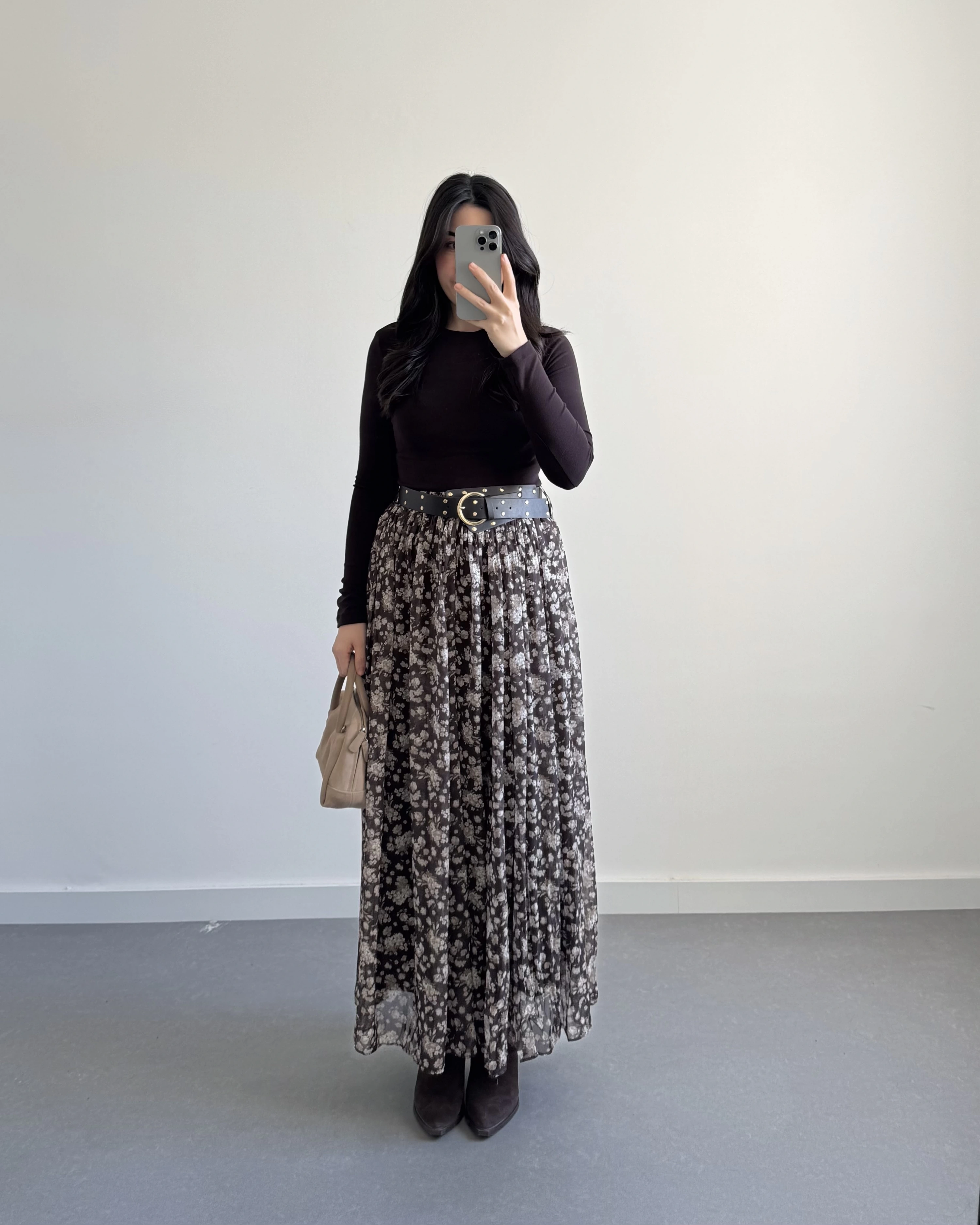 KALIN KEMERLİ ŞİFON ETEK KOYU KAHVE