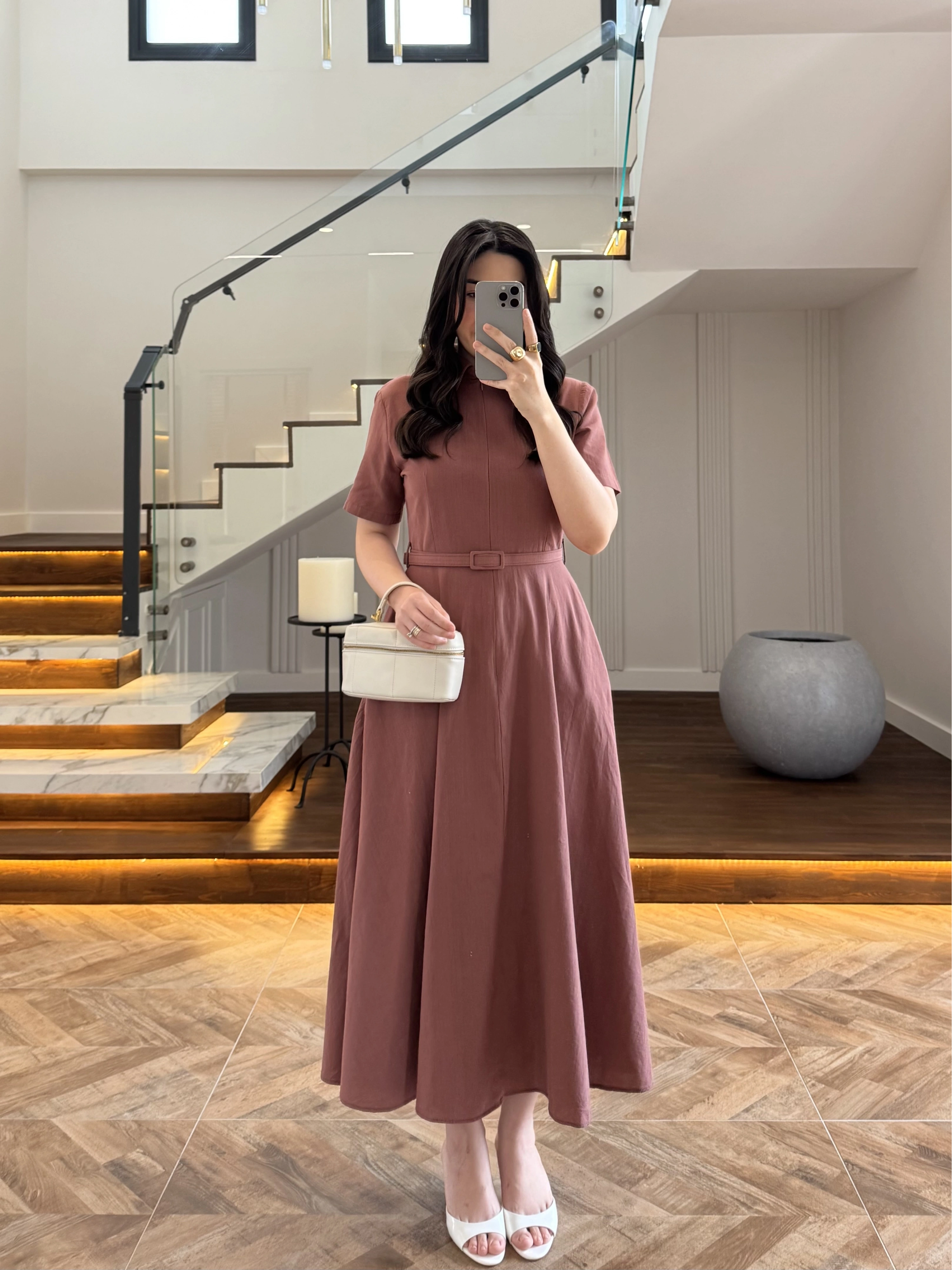 KİREMİT KISA KOL KETEN ELBİSE -2402