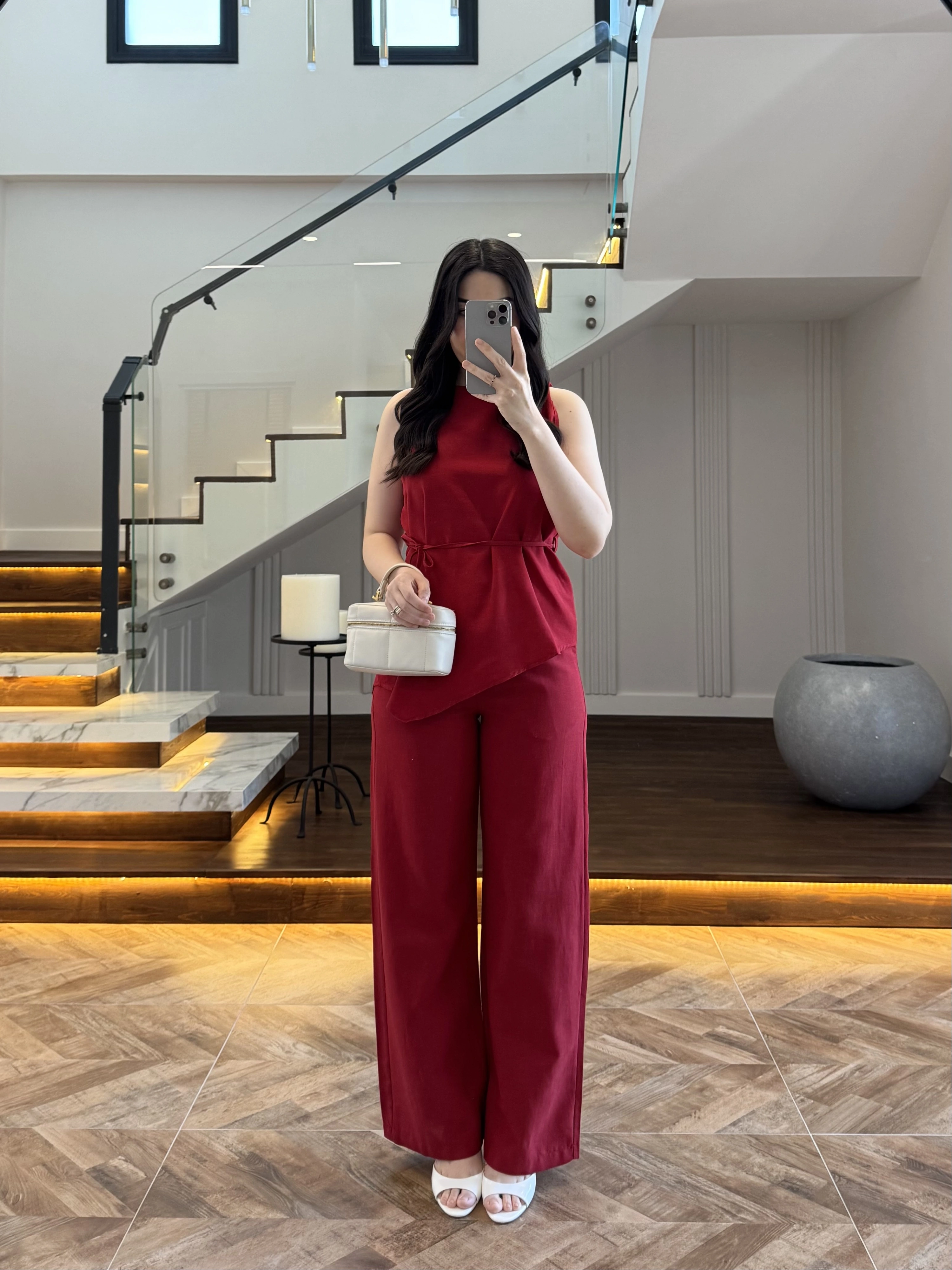 KIRMIZI ASİMETRİK BLUZ PANTOLON TAKIM-8784