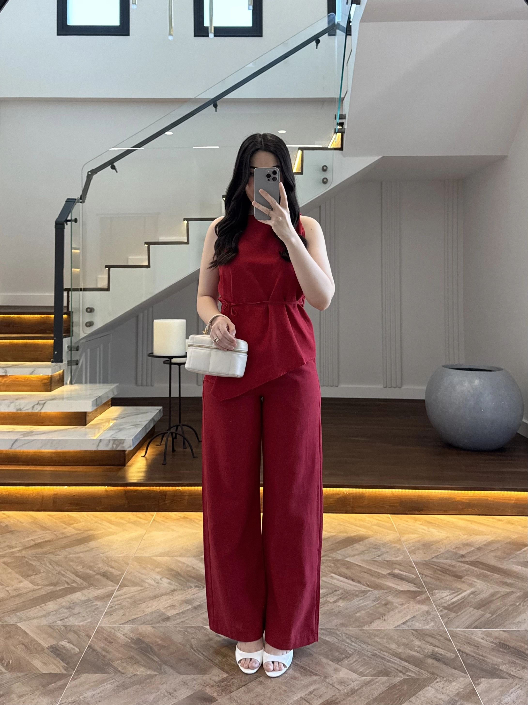 KIRMIZI ASİMETRİK BLUZ PANTOLON TAKIM-8784