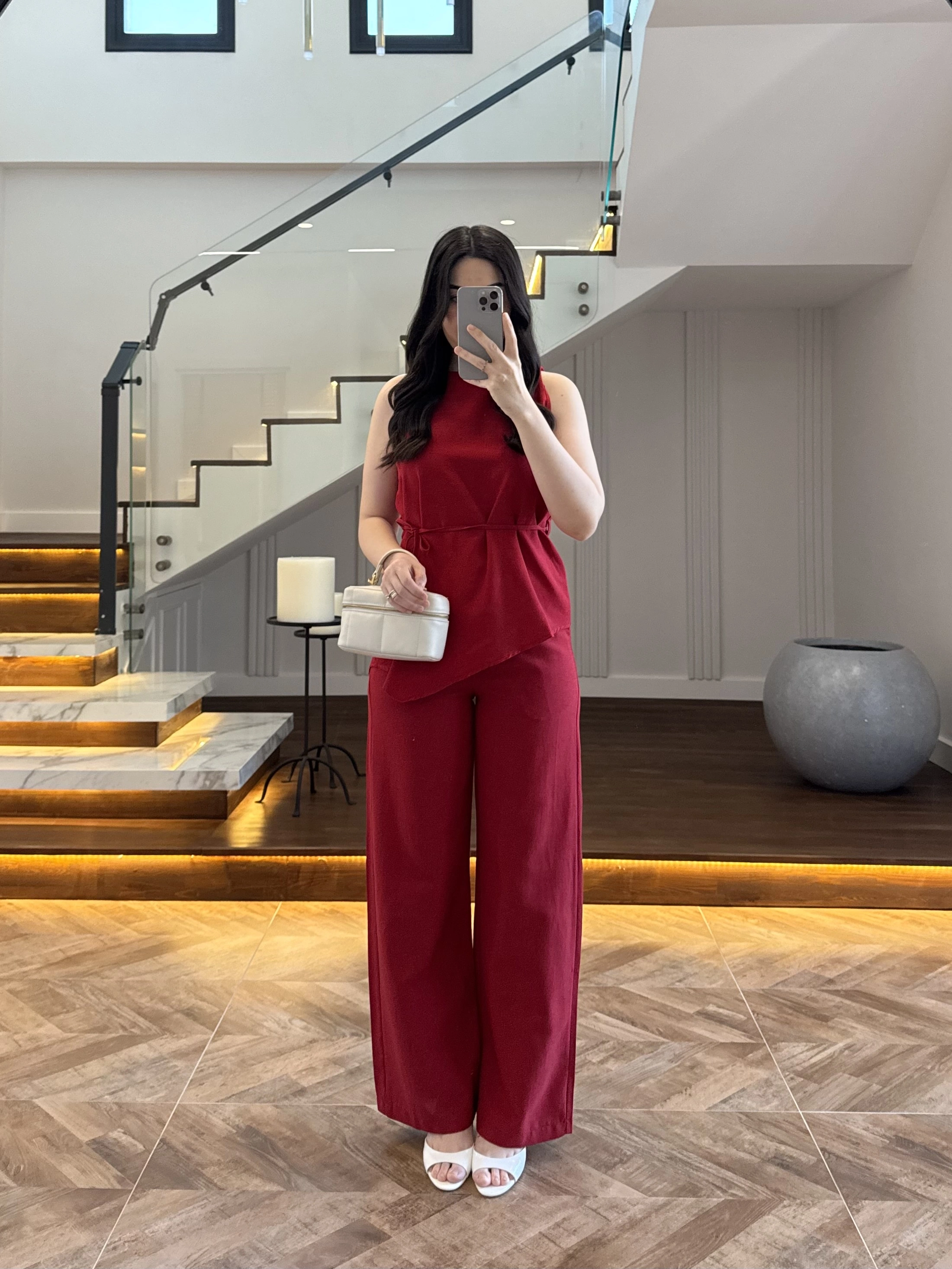 KIRMIZI ASİMETRİK BLUZ PANTOLON TAKIM-8784