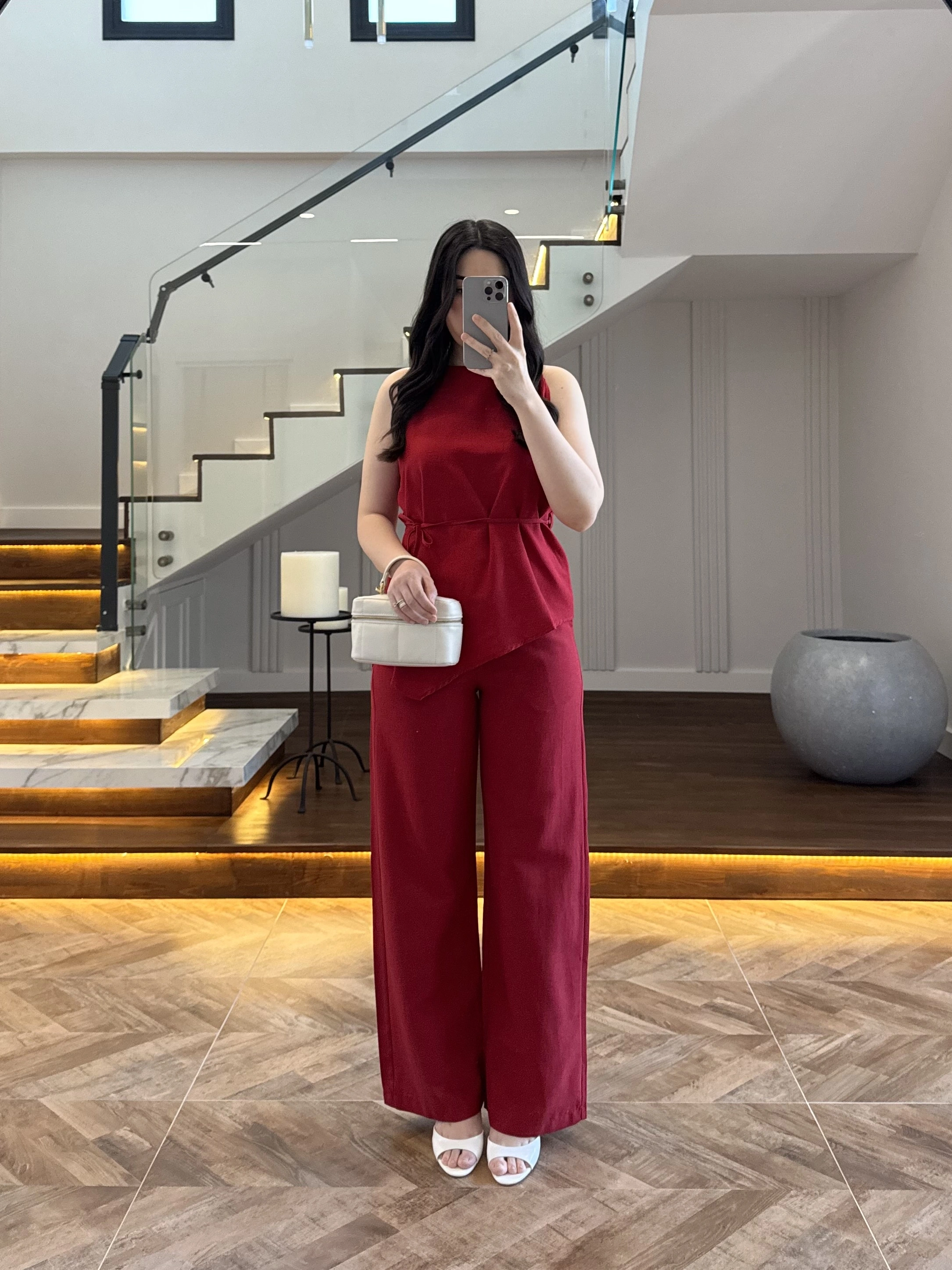 KIRMIZI ASİMETRİK BLUZ PANTOLON TAKIM-8784