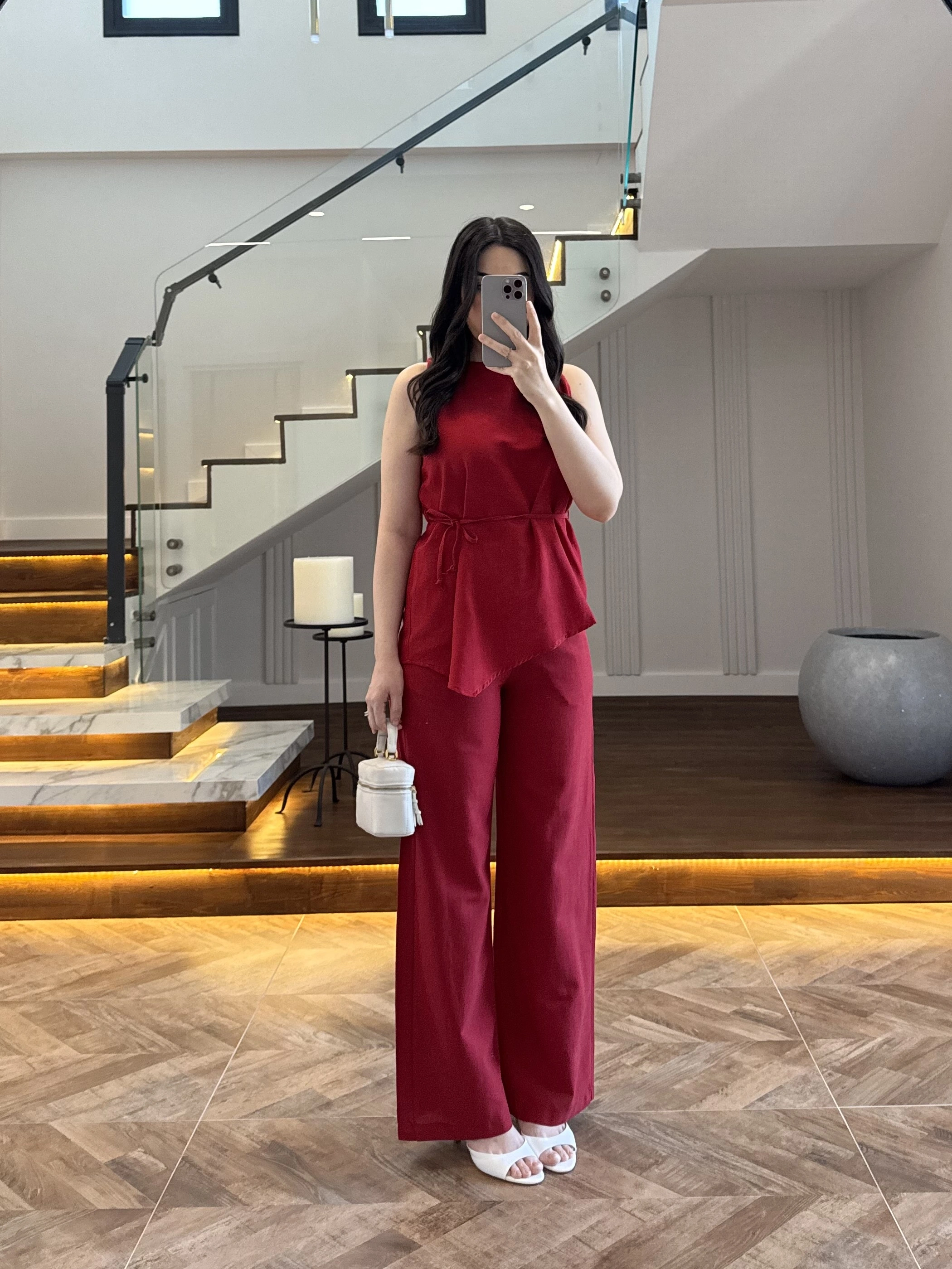 KIRMIZI ASİMETRİK BLUZ PANTOLON TAKIM-8784