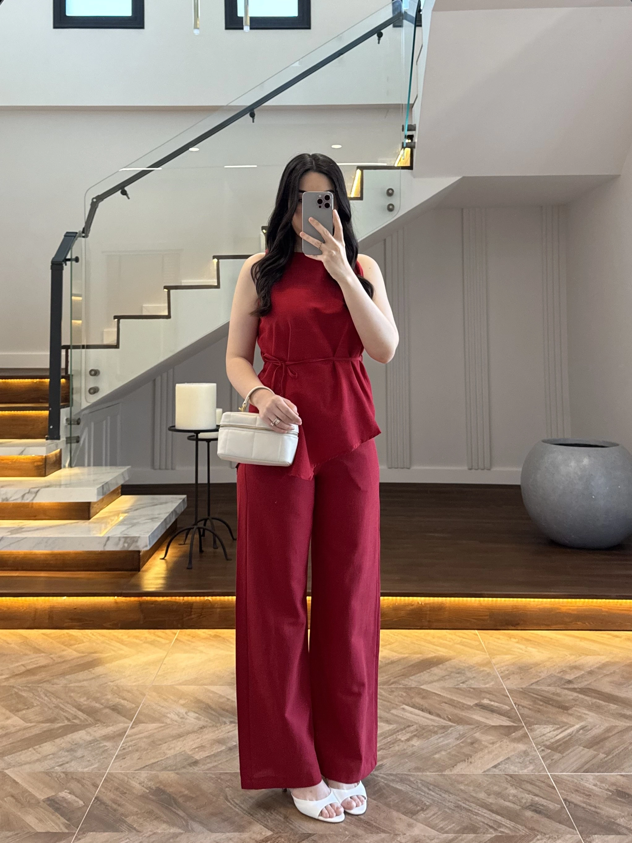 KIRMIZI ASİMETRİK BLUZ PANTOLON TAKIM-8784