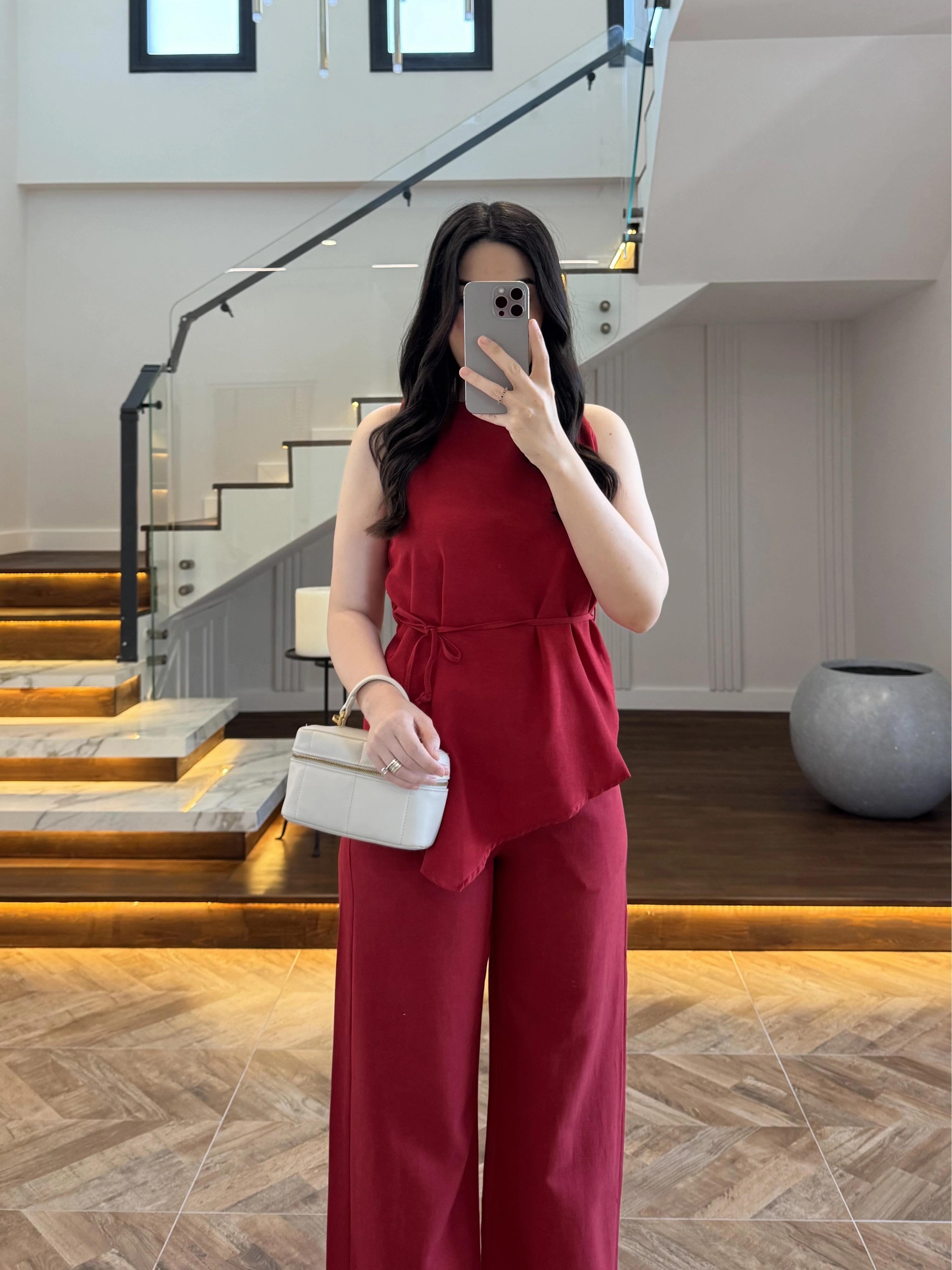 KIRMIZI ASİMETRİK BLUZ PANTOLON TAKIM-8784