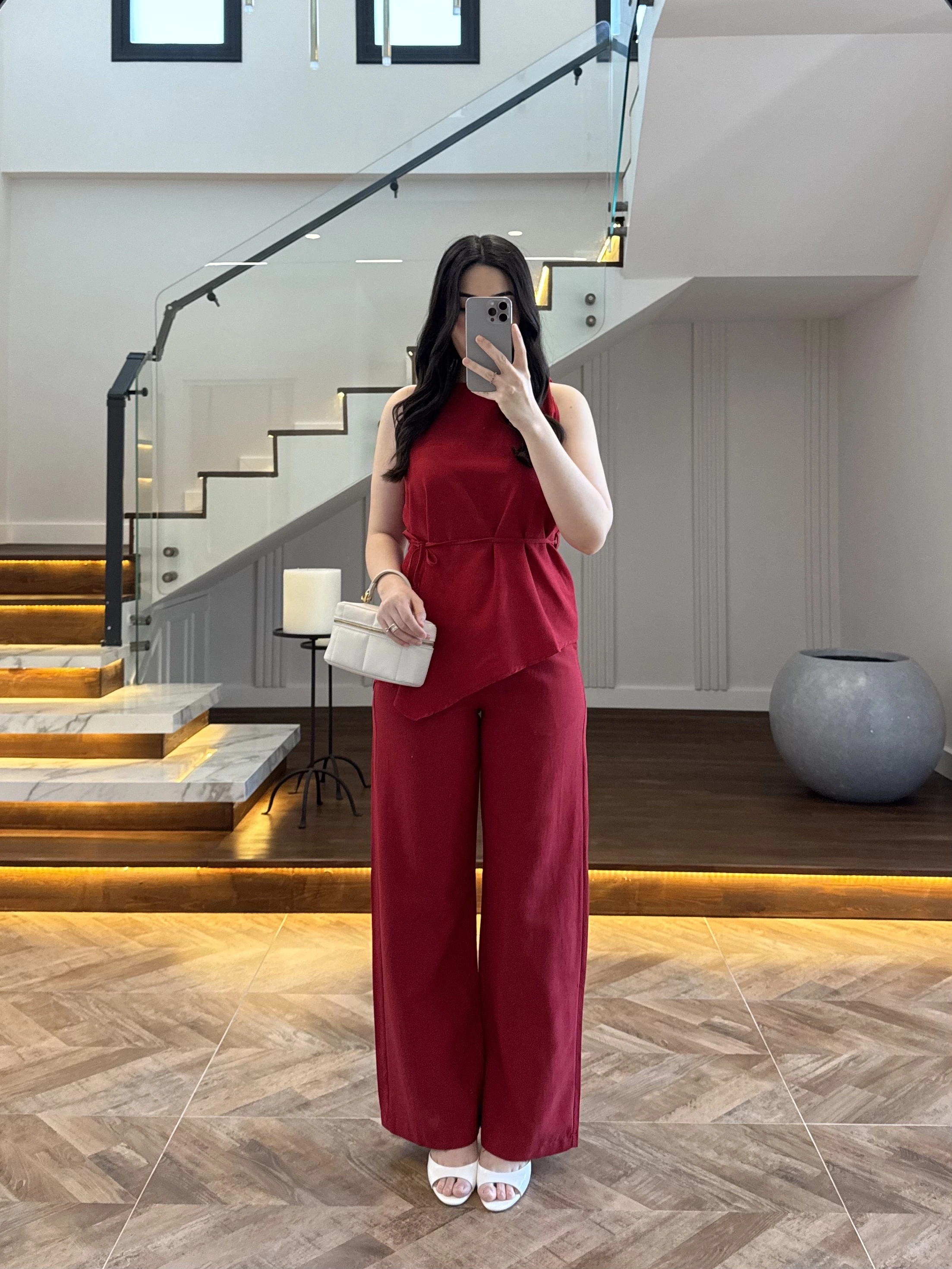 KIRMIZI ASİMETRİK BLUZ PANTOLON TAKIM-8784