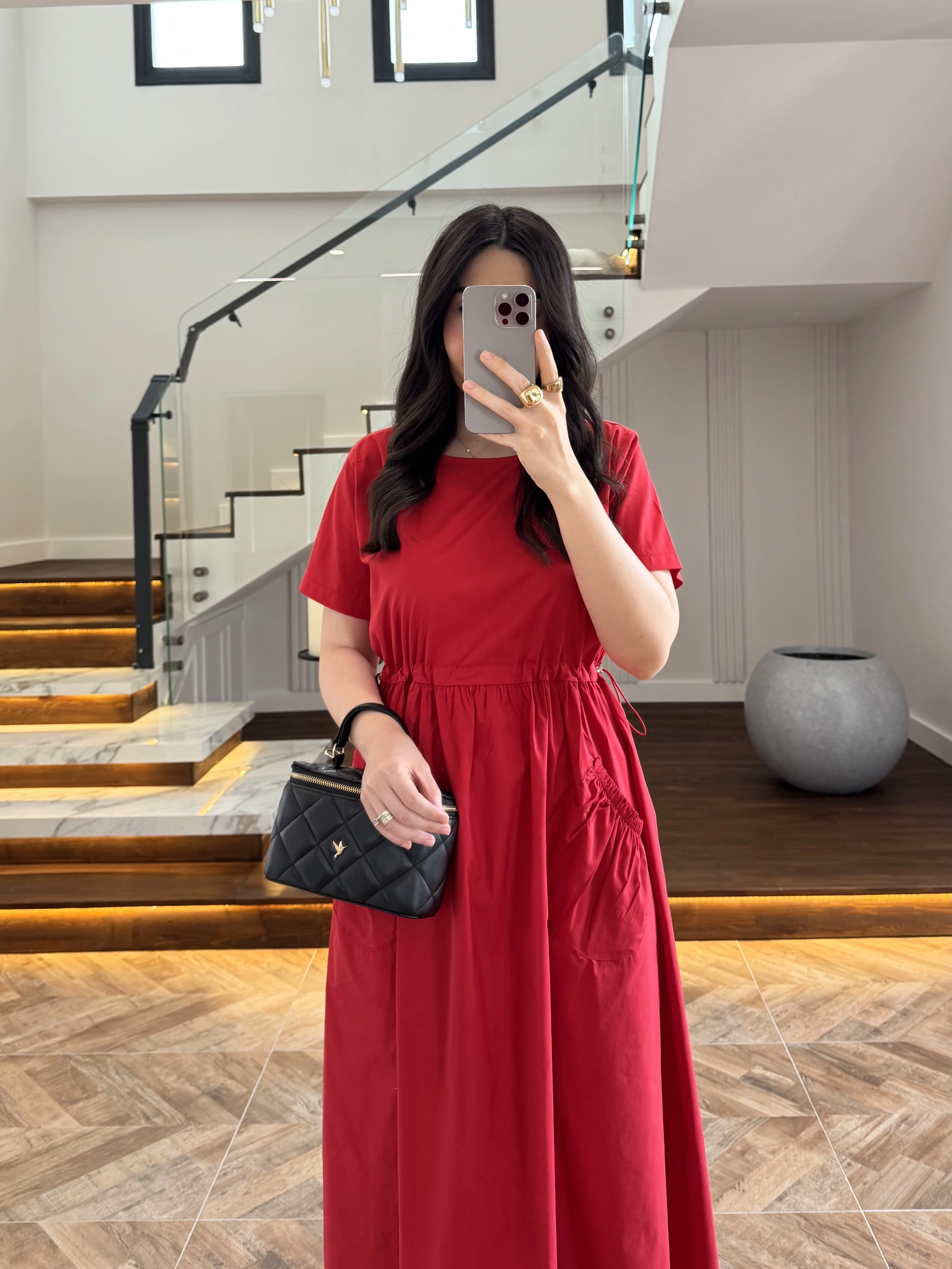 KIRMIZI BEL BÜZGÜLÜ CEPLİ ELBİSE-30731