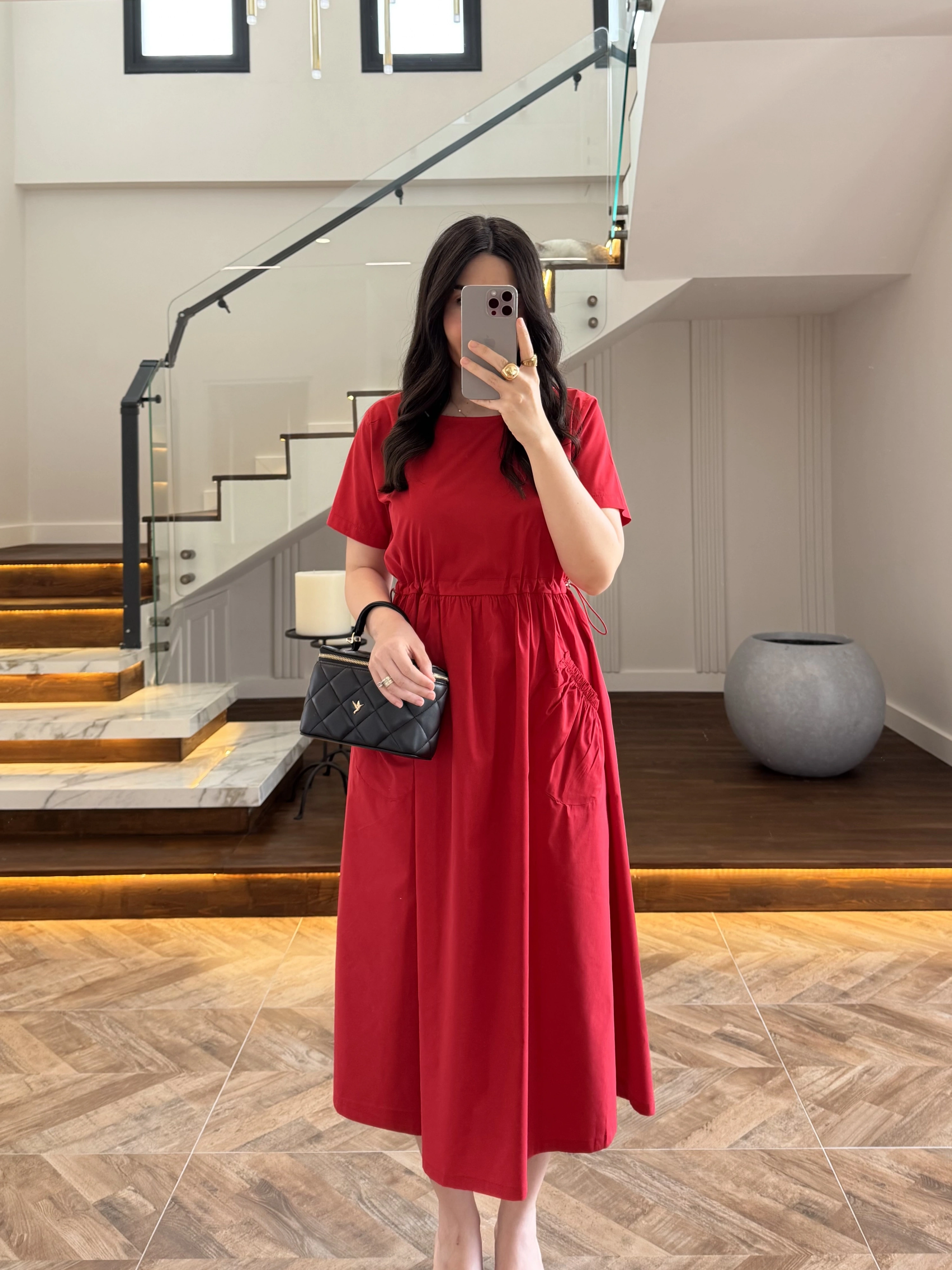 KIRMIZI BEL BÜZGÜLÜ CEPLİ ELBİSE-30731