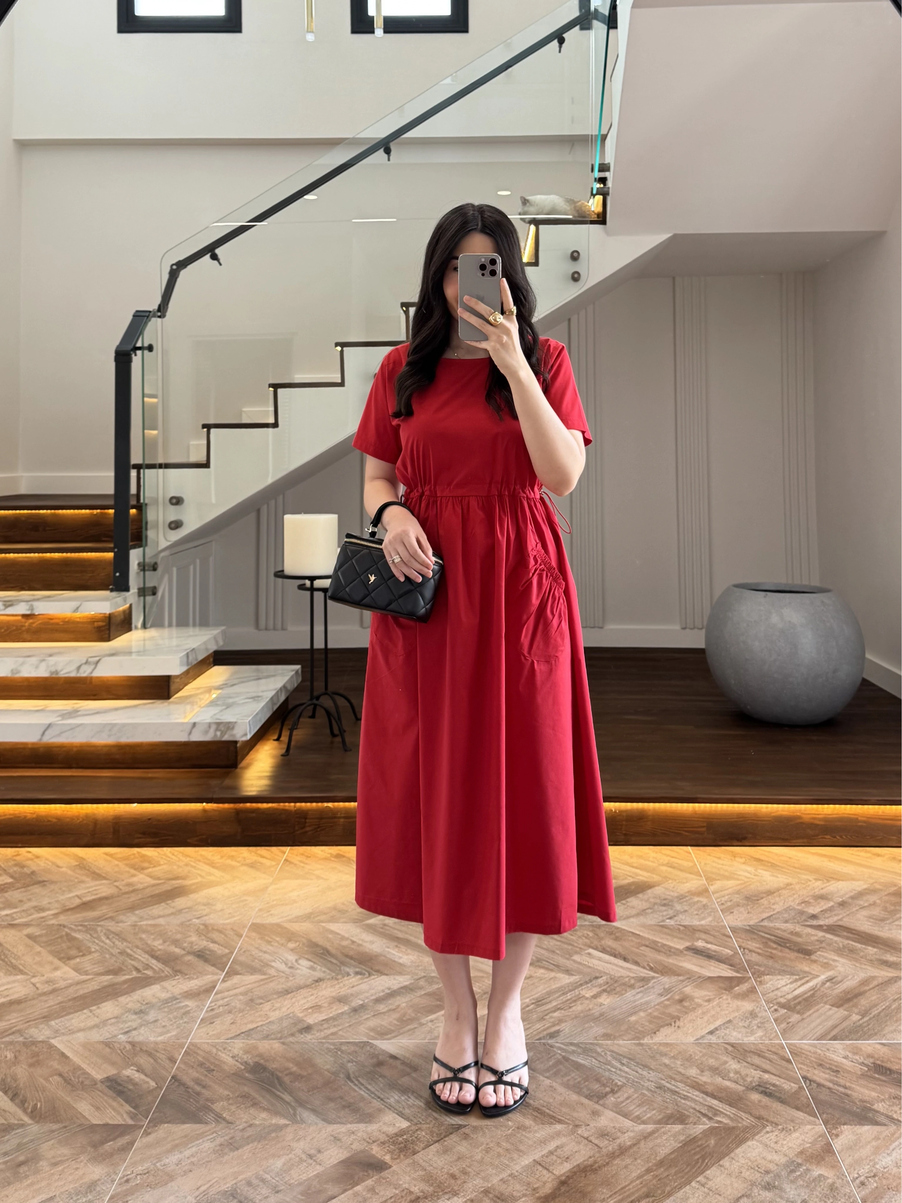 KIRMIZI BEL BÜZGÜLÜ CEPLİ ELBİSE-30731