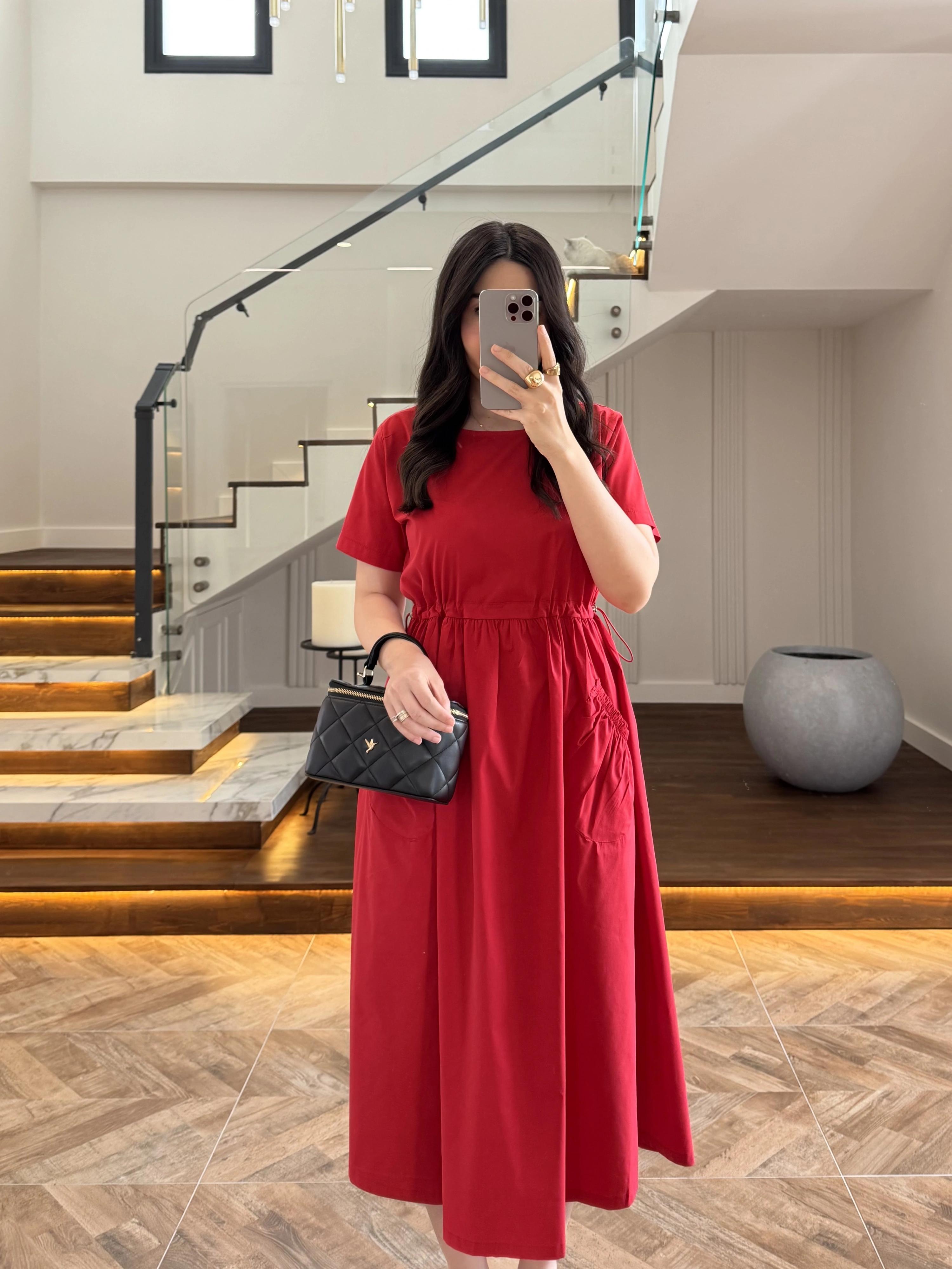 KIRMIZI BEL BÜZGÜLÜ CEPLİ ELBİSE-30731
