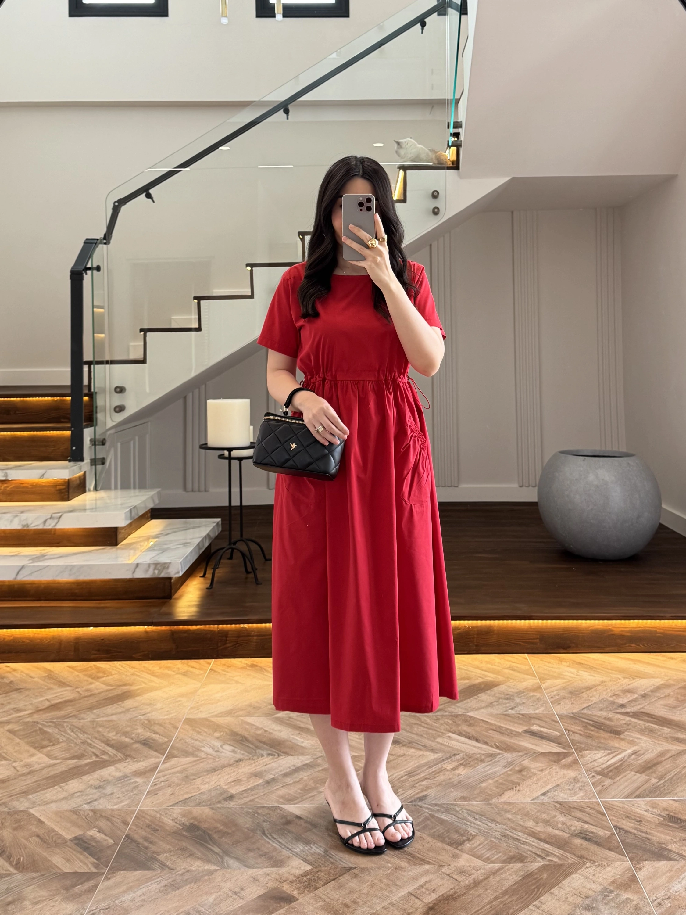 KIRMIZI BEL BÜZGÜLÜ CEPLİ ELBİSE-30731