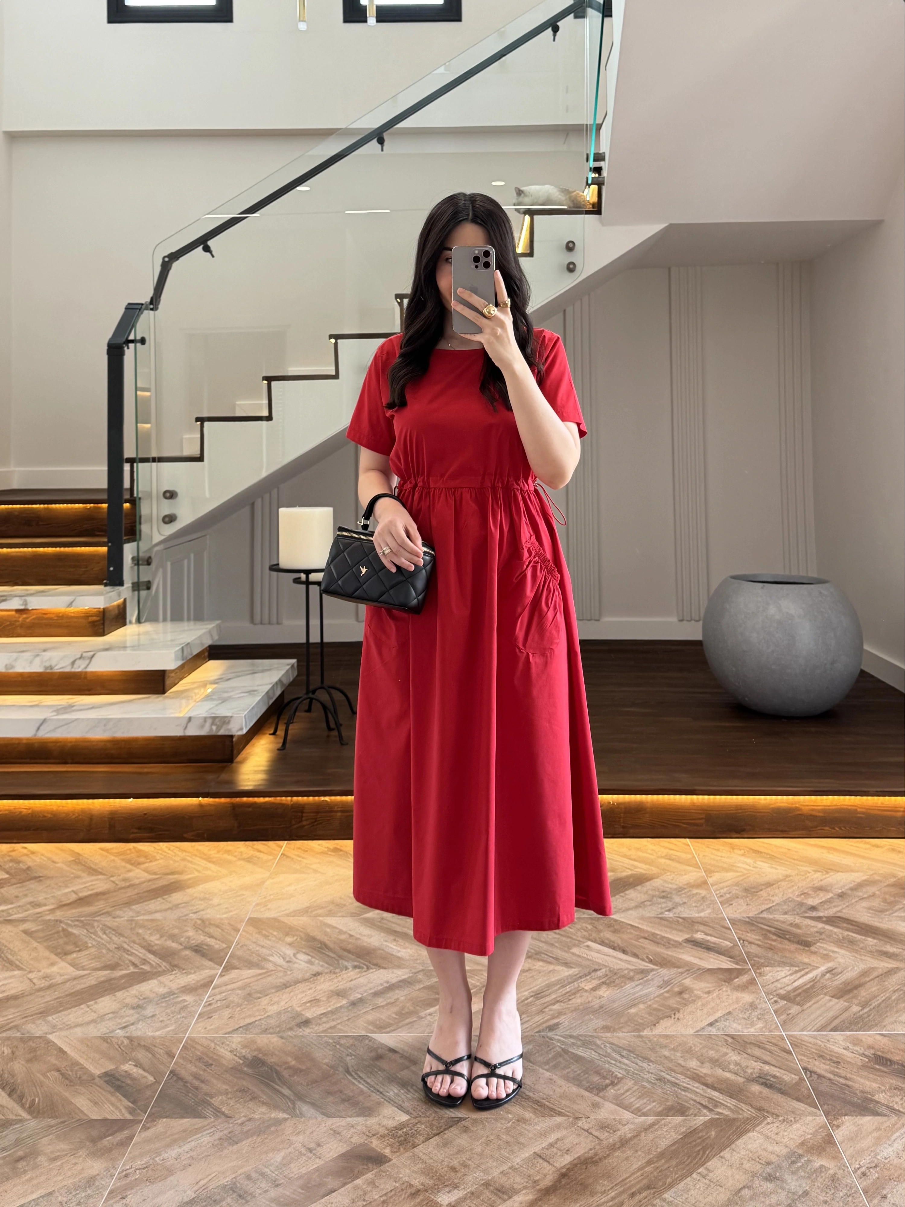 KIRMIZI BEL BÜZGÜLÜ CEPLİ ELBİSE-30731