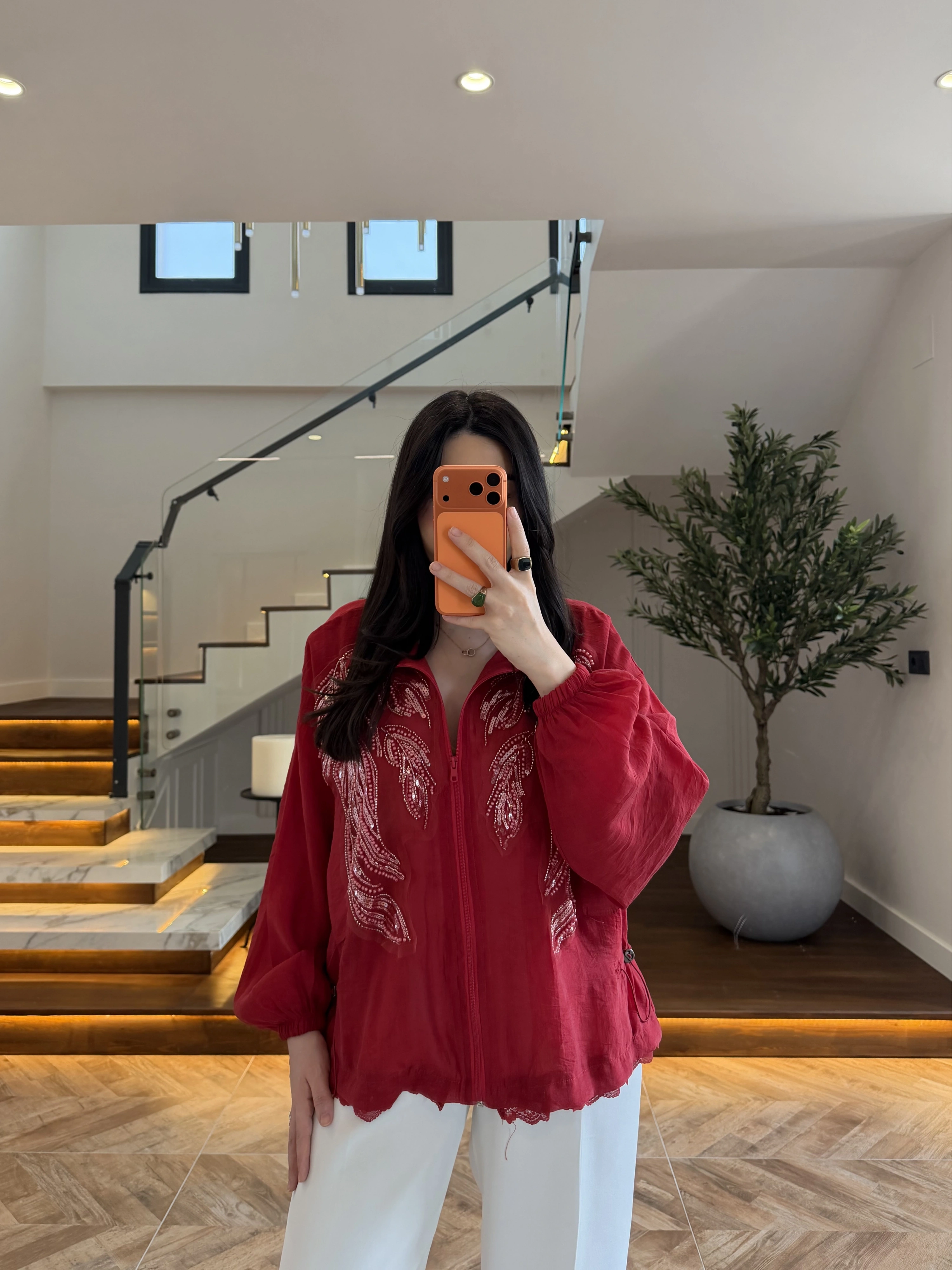 KIRMIZI DANTELLİ İŞLEMELİ TASARIM CEKET-9773
