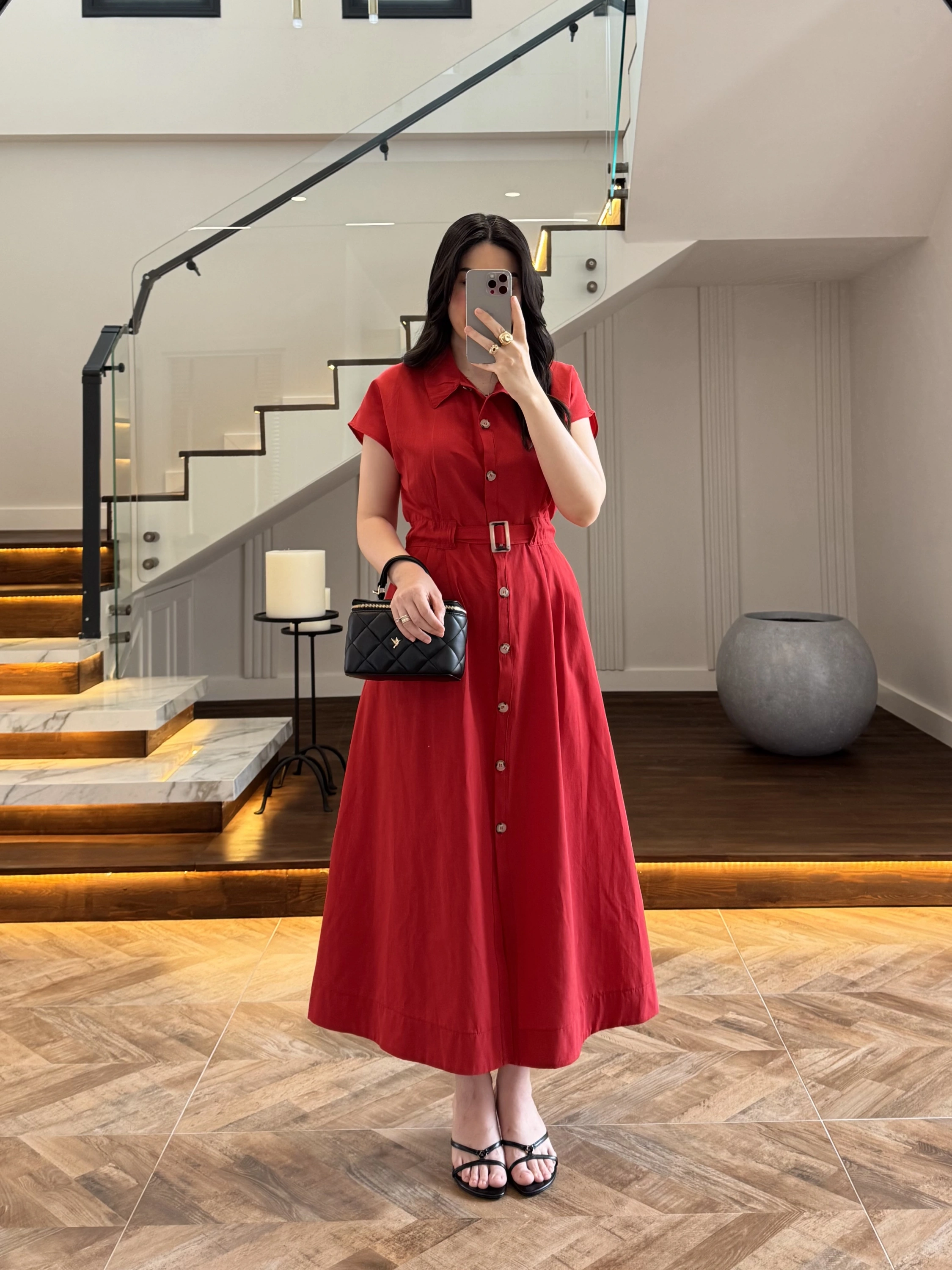 KIRMIZI ÖNÜ DÜĞMELİ KEMERLİ ELBİSE -3976