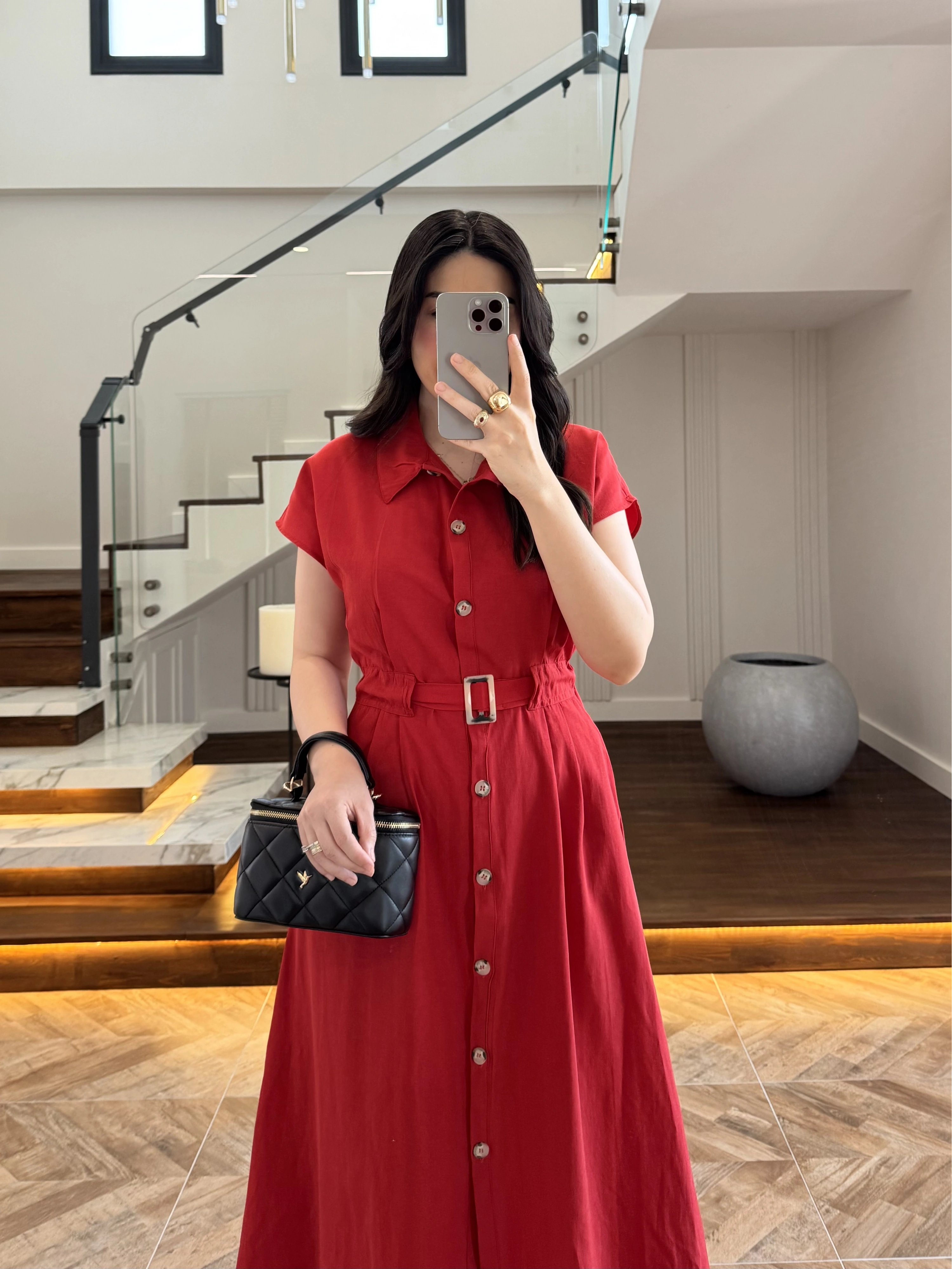KIRMIZI ÖNÜ DÜĞMELİ KEMERLİ ELBİSE -3976