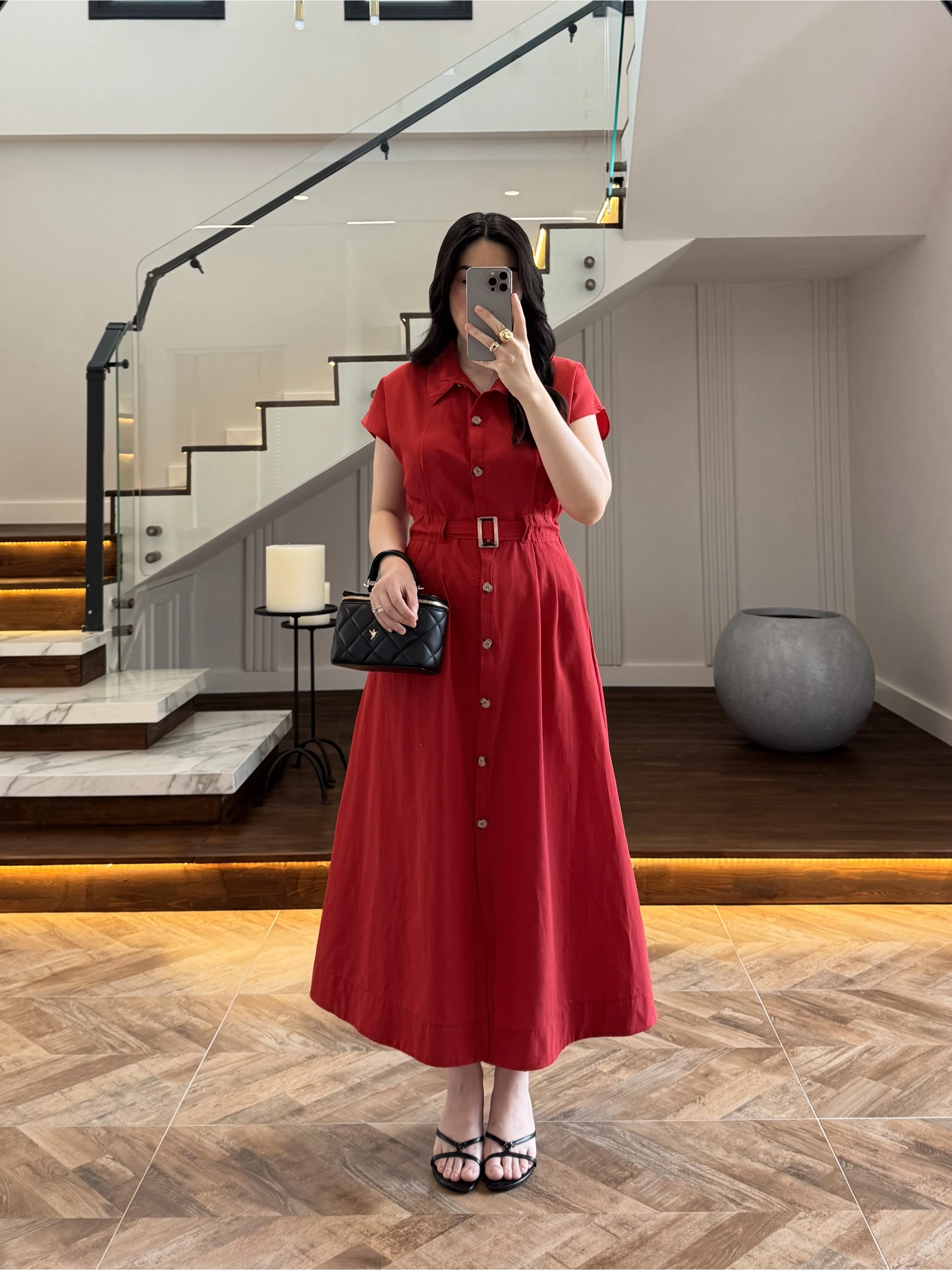 KIRMIZI ÖNÜ DÜĞMELİ KEMERLİ ELBİSE -3976