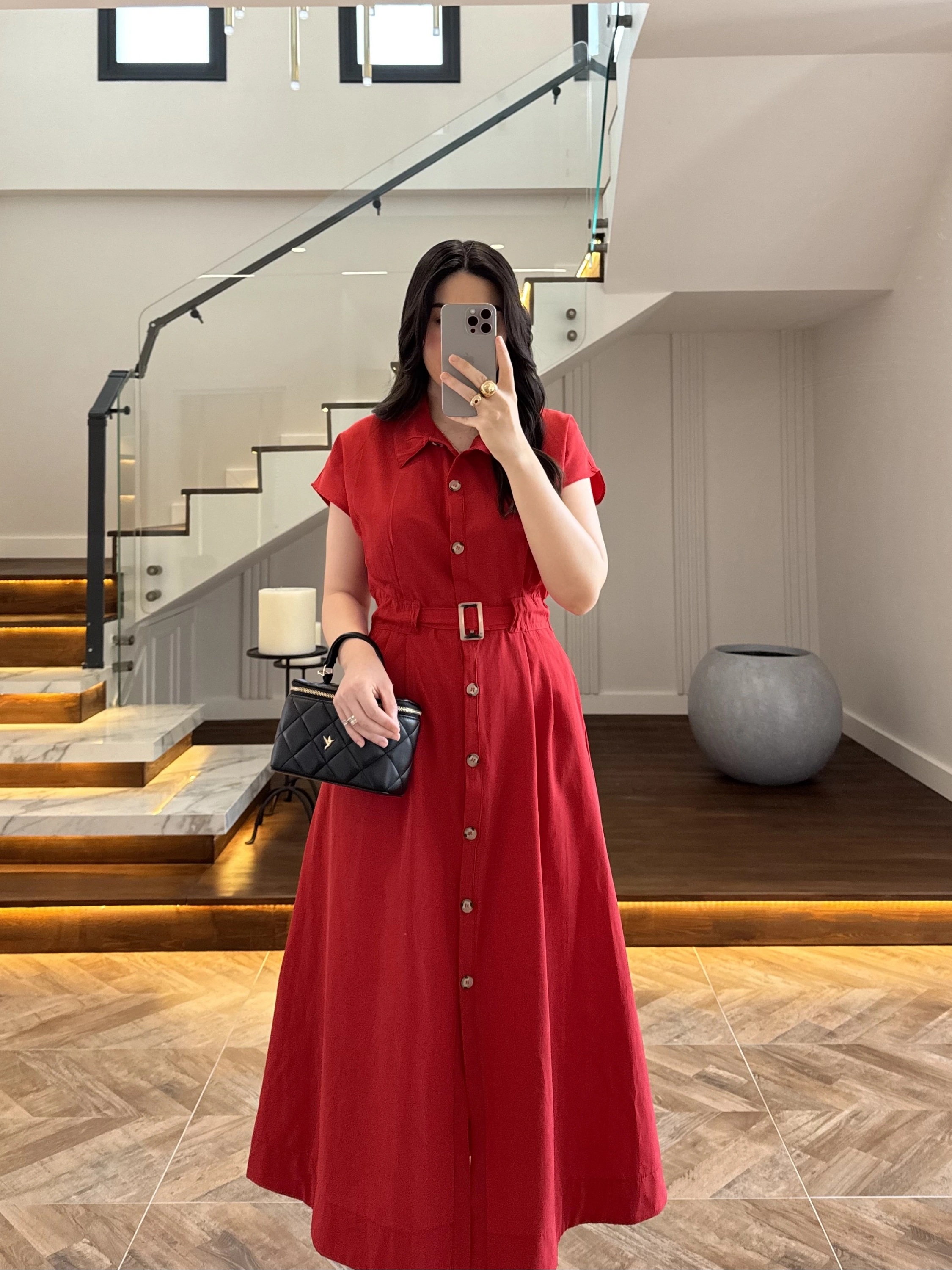 KIRMIZI ÖNÜ DÜĞMELİ KEMERLİ ELBİSE -3976