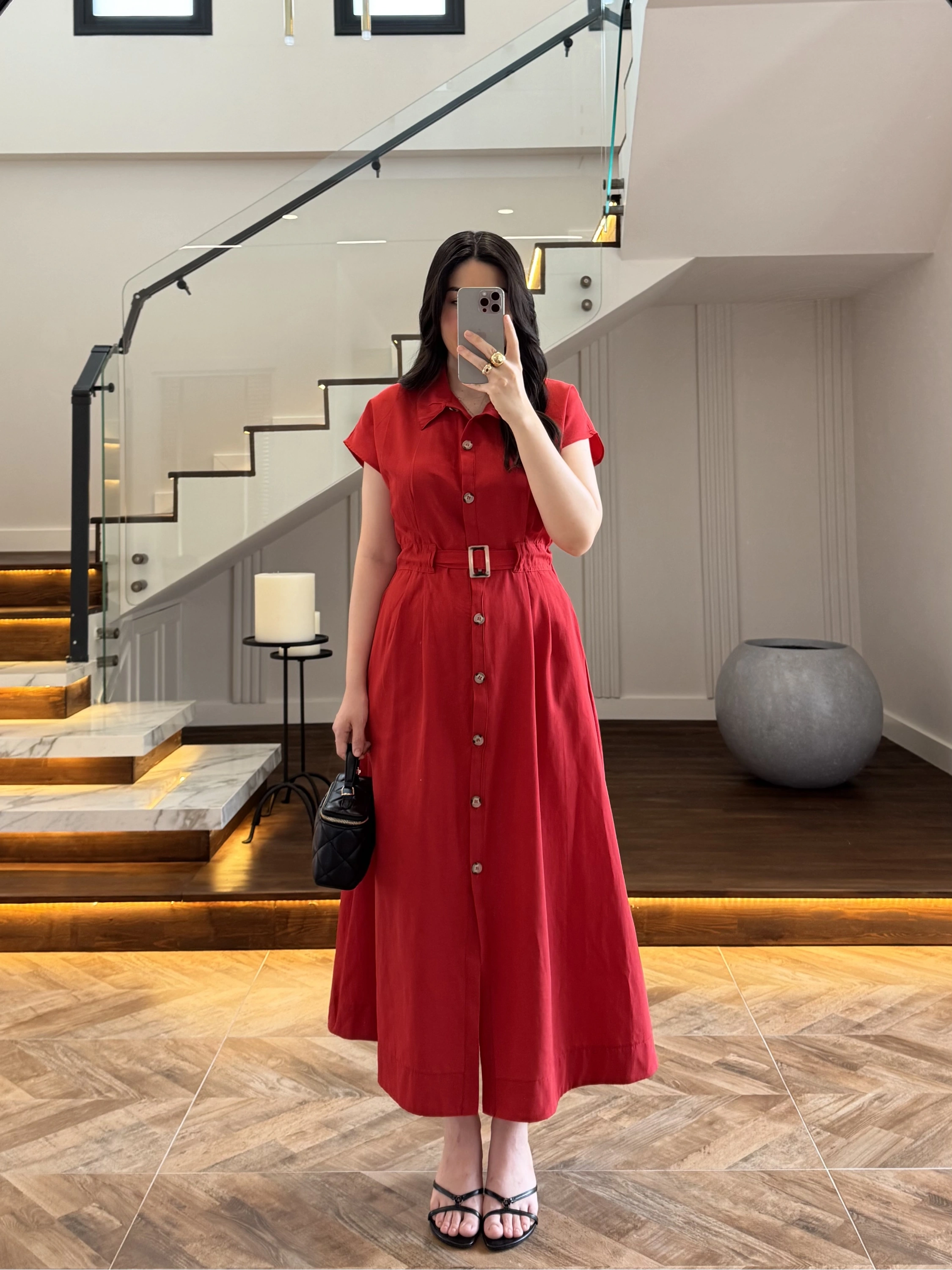 KIRMIZI ÖNÜ DÜĞMELİ KEMERLİ ELBİSE -3976