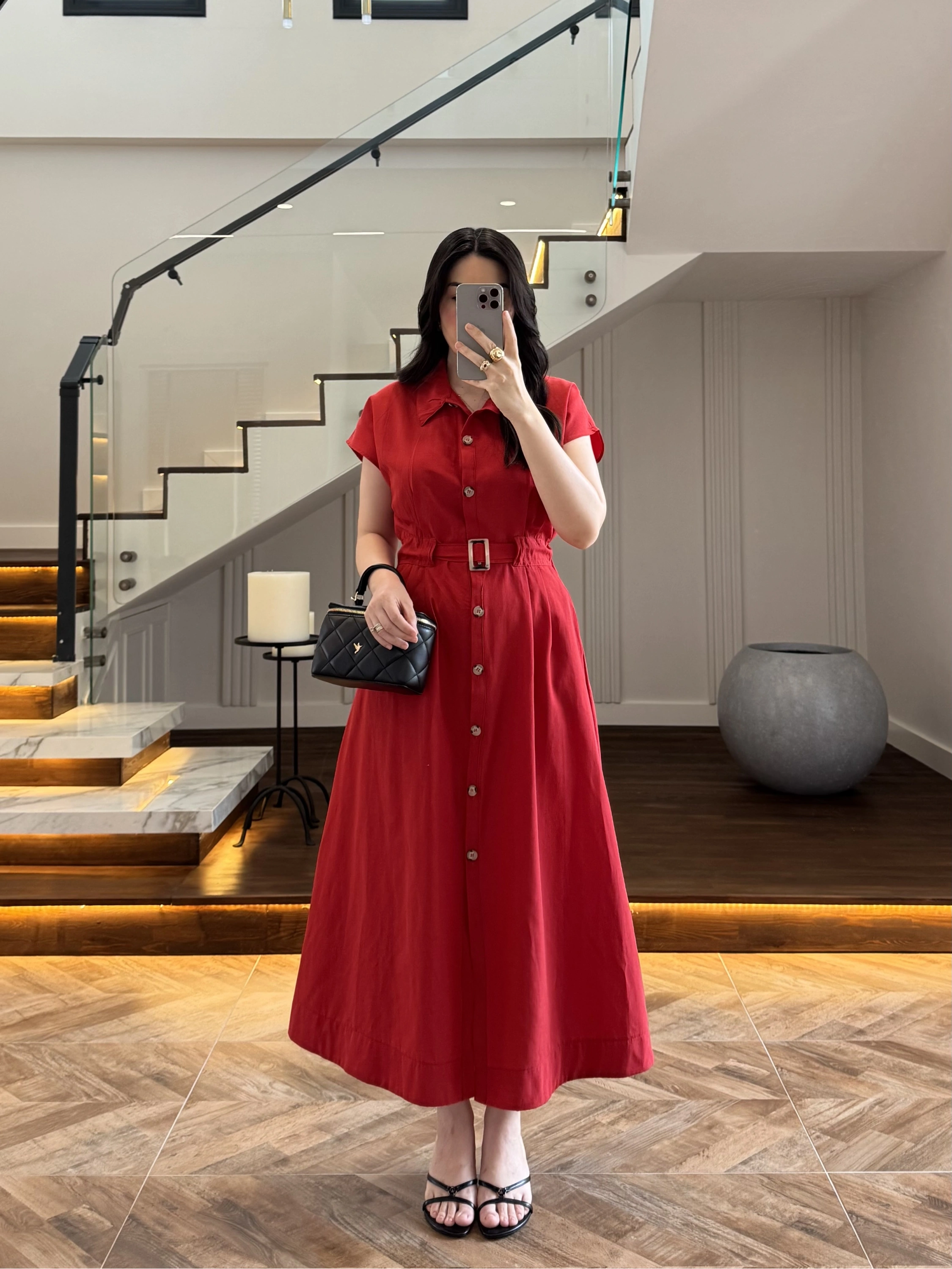 KIRMIZI ÖNÜ DÜĞMELİ KEMERLİ ELBİSE -3976