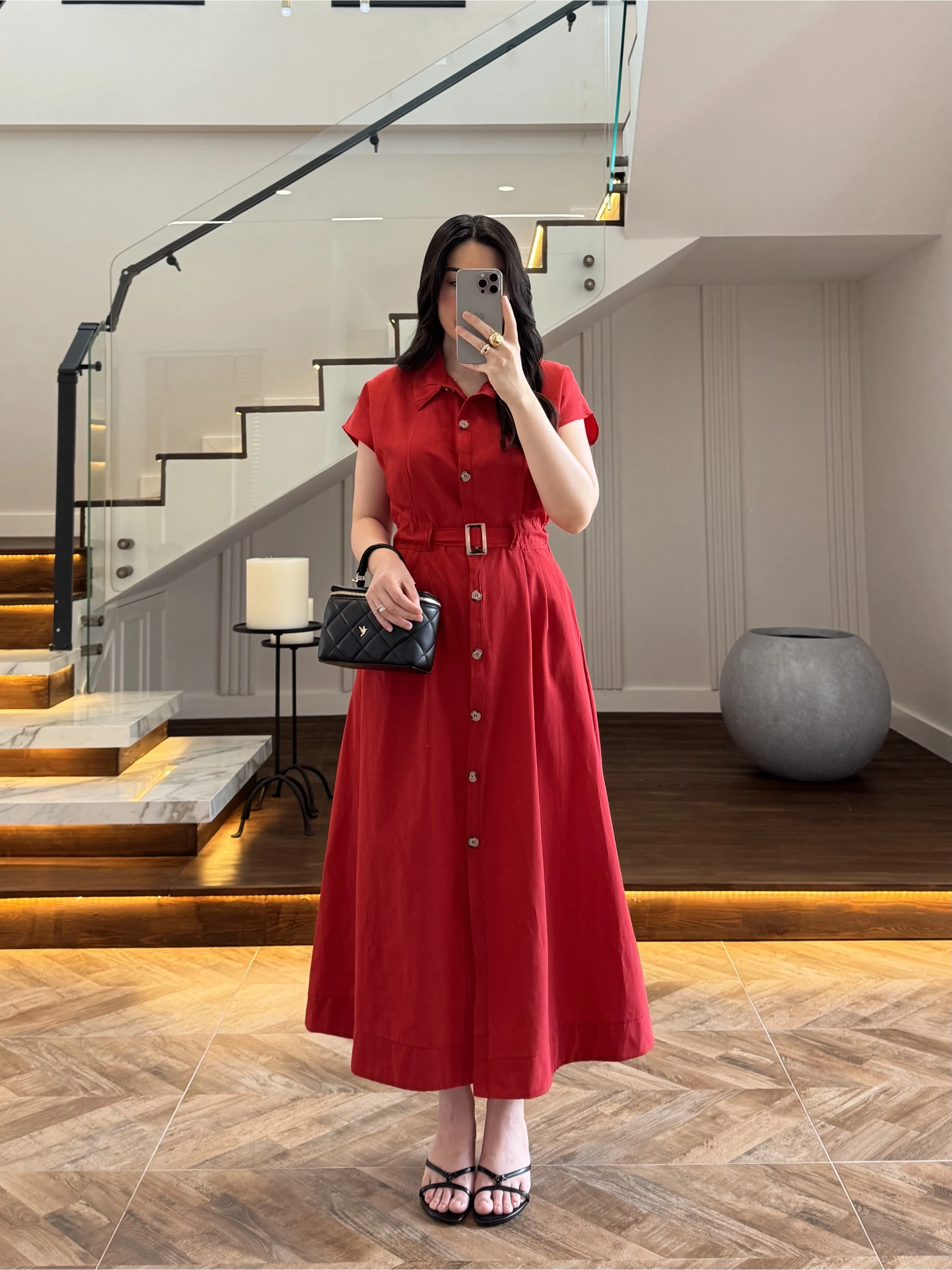 KIRMIZI ÖNÜ DÜĞMELİ KEMERLİ ELBİSE -3976