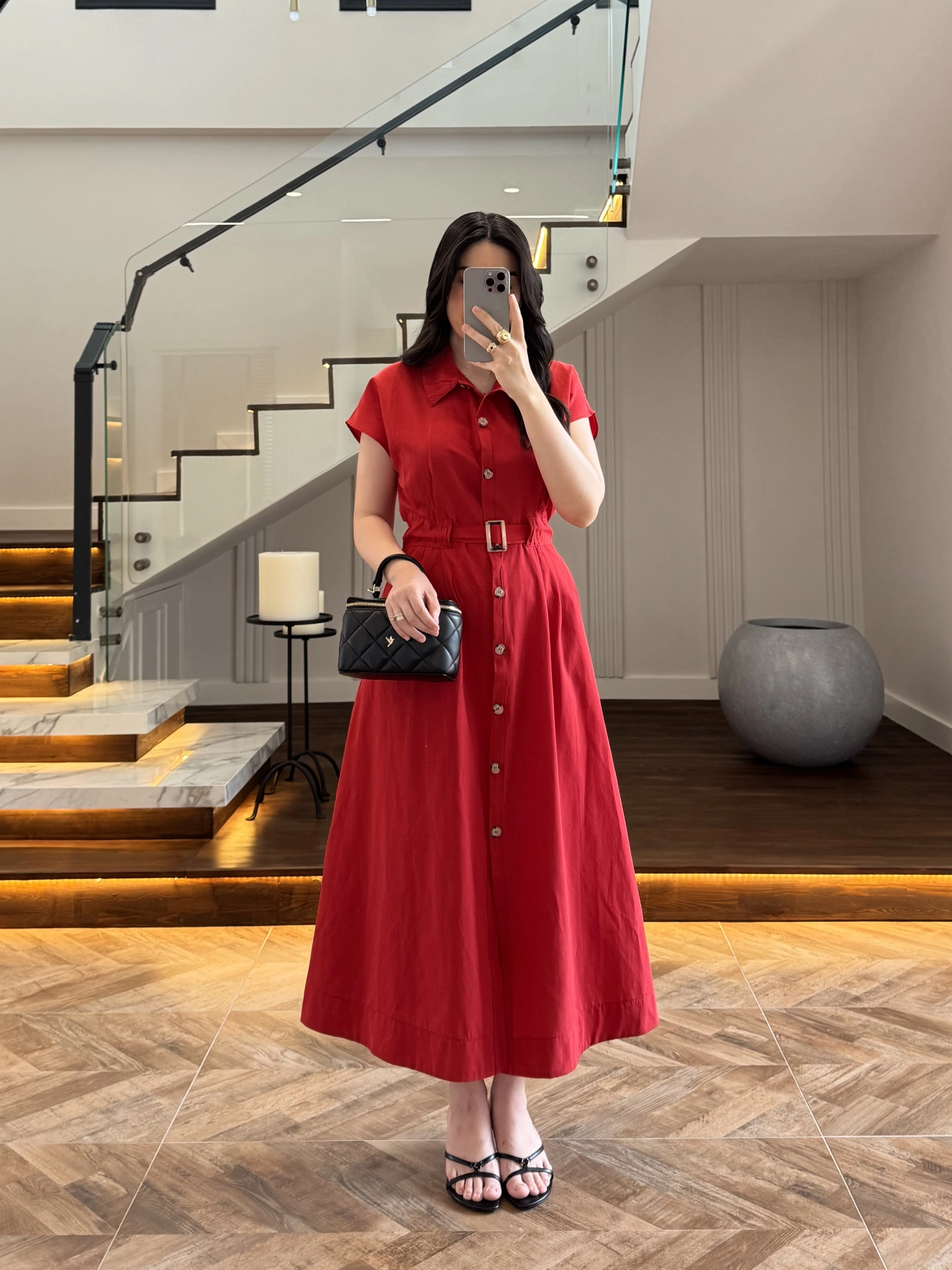 KIRMIZI ÖNÜ DÜĞMELİ KEMERLİ ELBİSE -3976