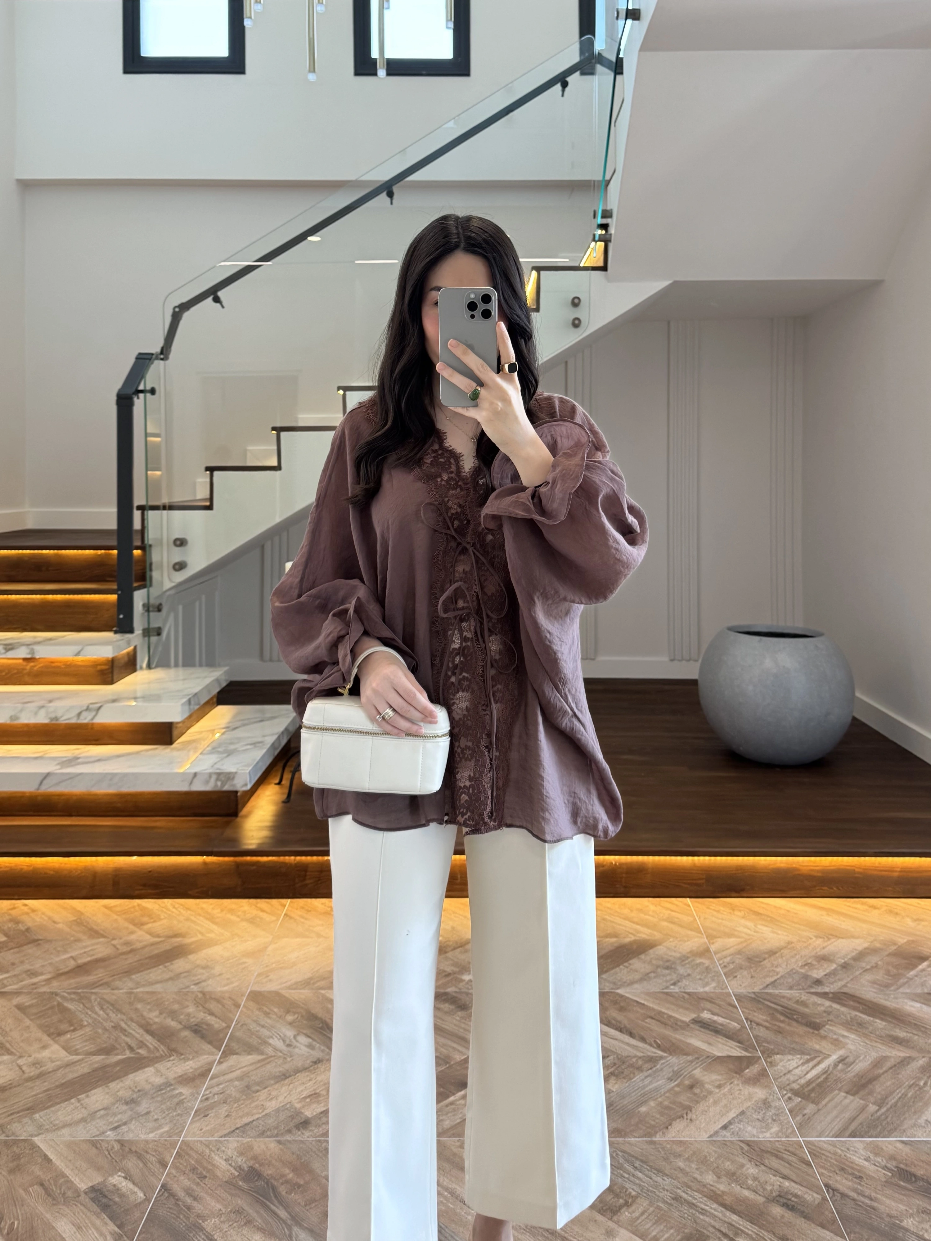 KOYU KAHVE DANTELLİ GÖMLEK -5108