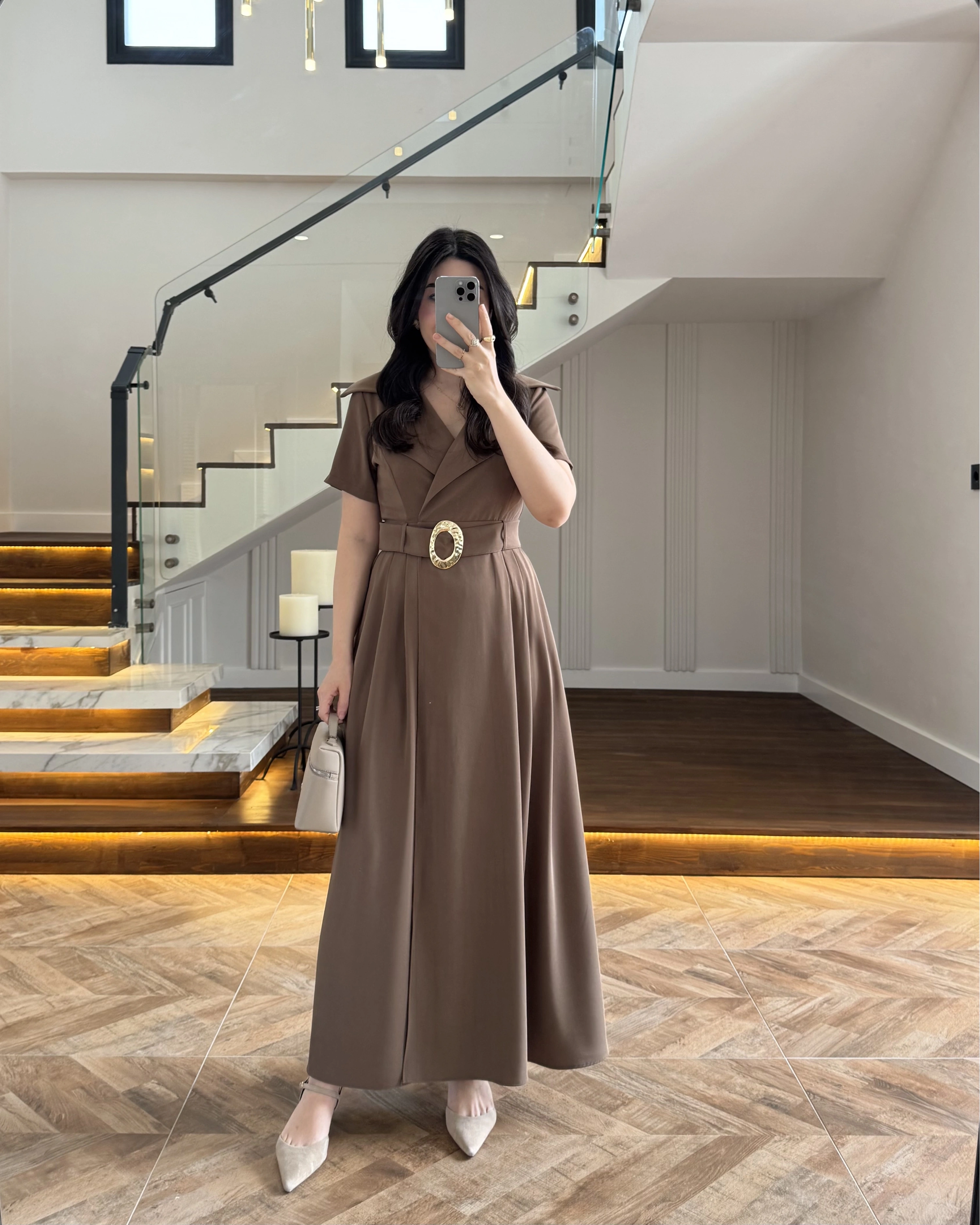 KRUVAZE YAKA KEMERLİ ELBİSE HAKİ - 2332